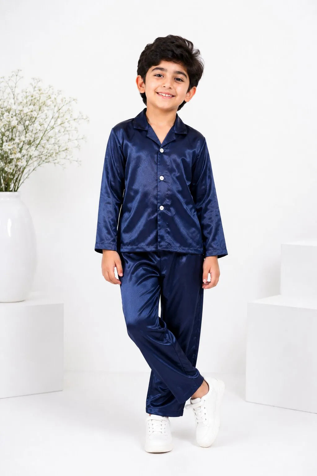 Boys' Navy Blue Luxury Satin Night Suit Set – Smooth Full-Sleeve Shirt & Relaxed Pyjamas