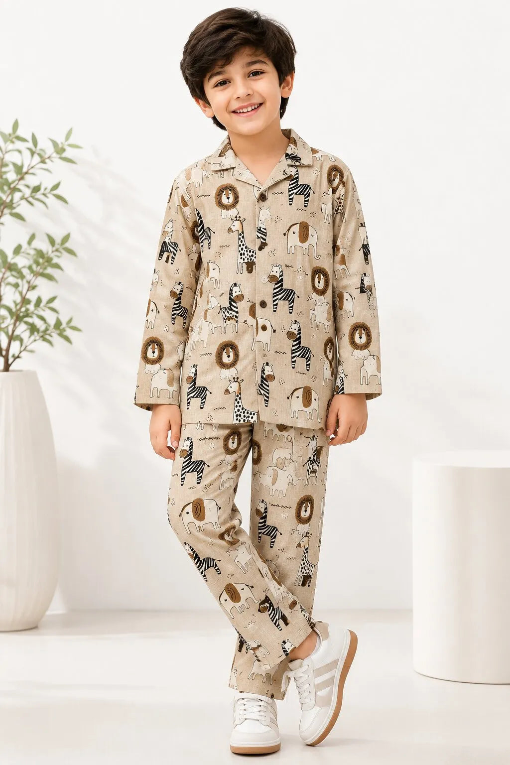 Kids Boys Full Sleeve Collared Pure Cotton Night Suit