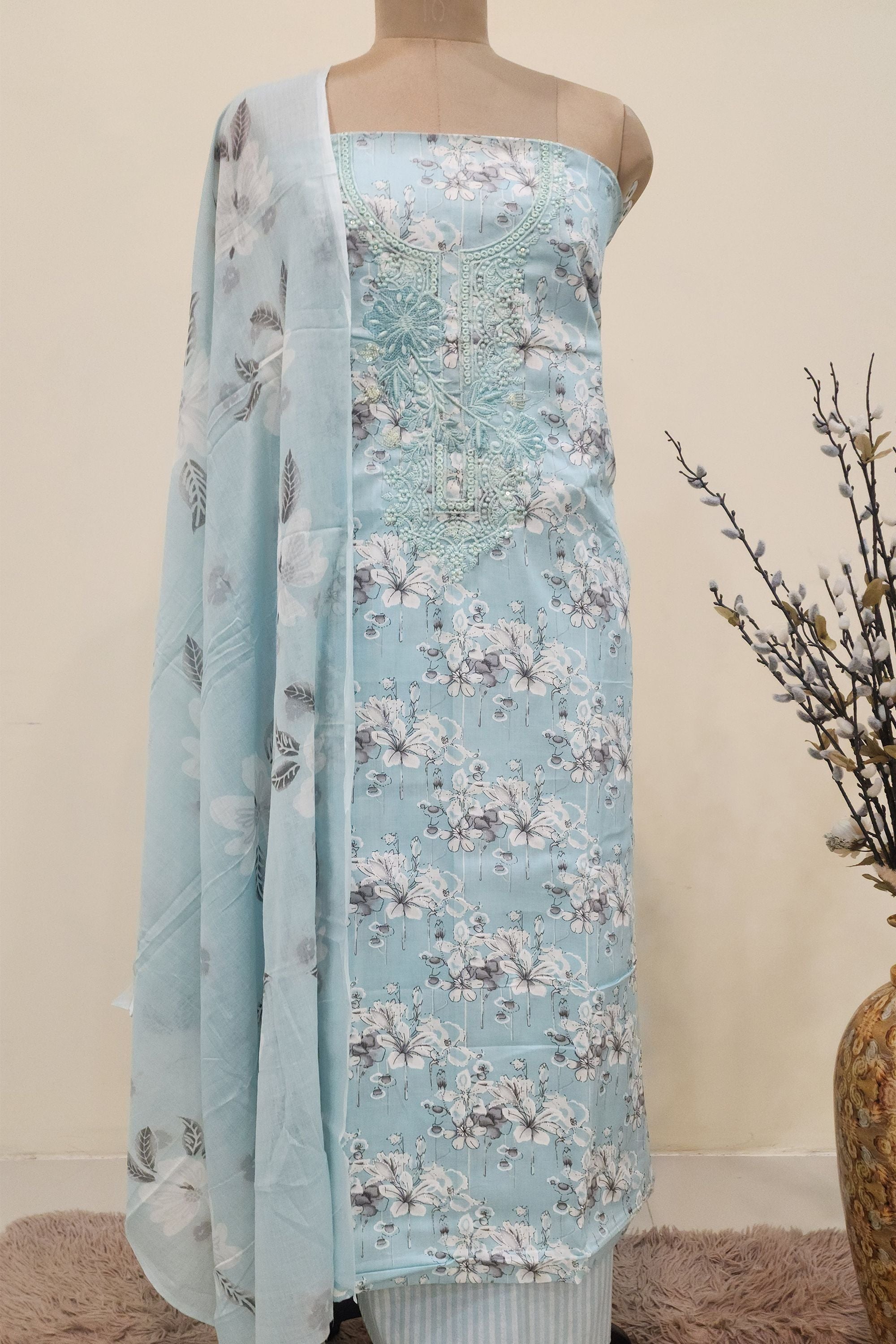 Women's Pure Cotton Sky Blue Floral Print Unstitched Suit