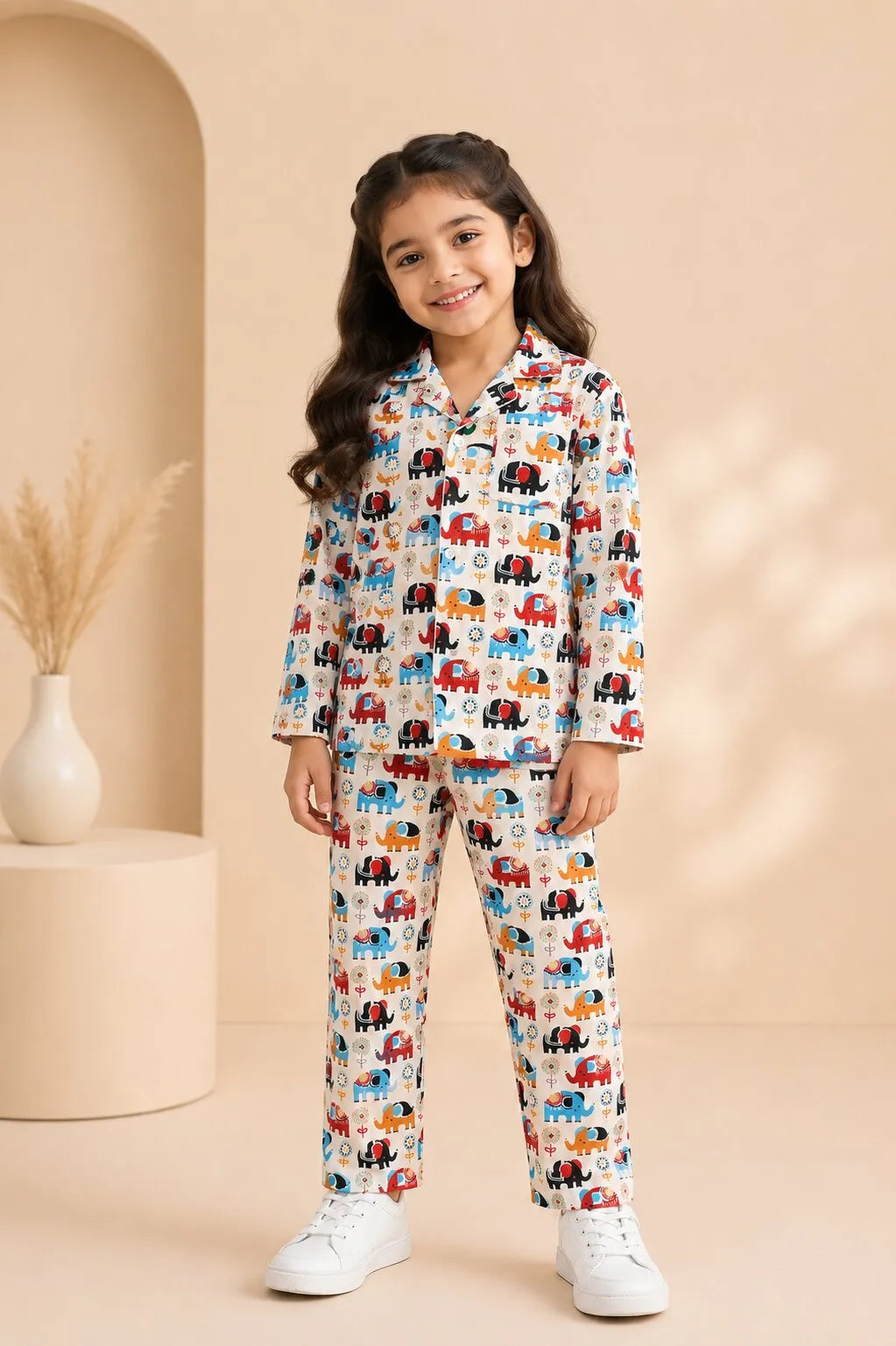 Kids' Elephant Print Cotton Girls Night Suit
