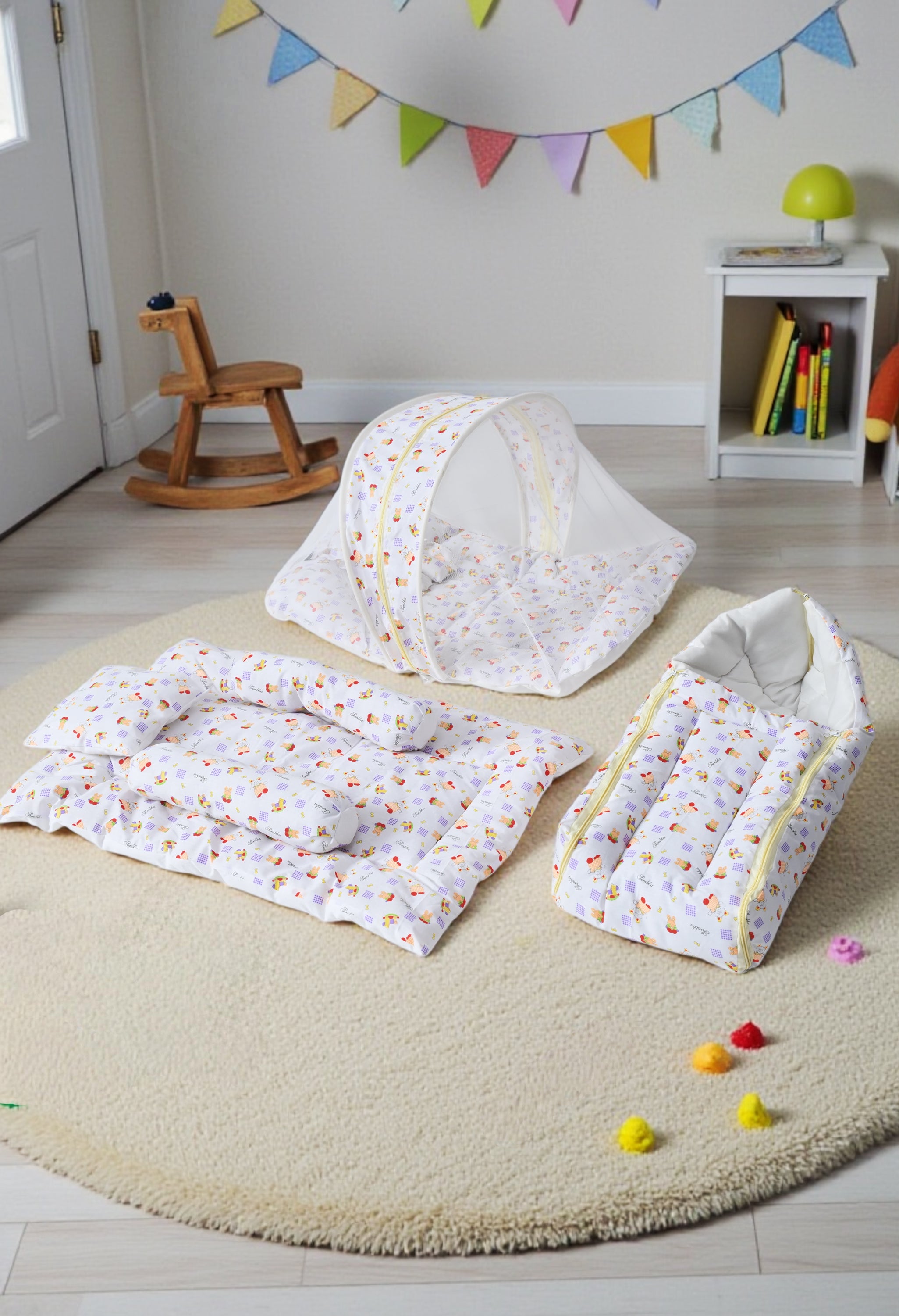 Unisex 5-Piece Newborn Baby Bedding Combo Set - Printed Mattress with Mosquito Net, Sleeping Bag, and Bolsters