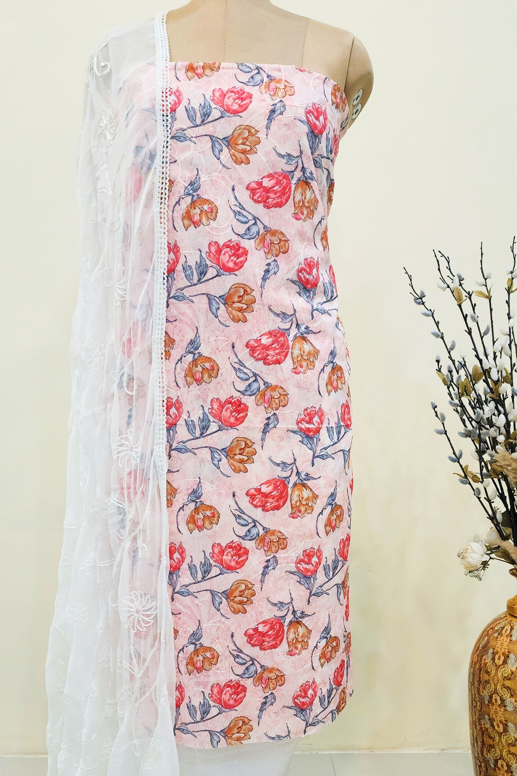 Women's Pure Cotton Peach Pink Floral Print Unstitched Salwar Suit Set