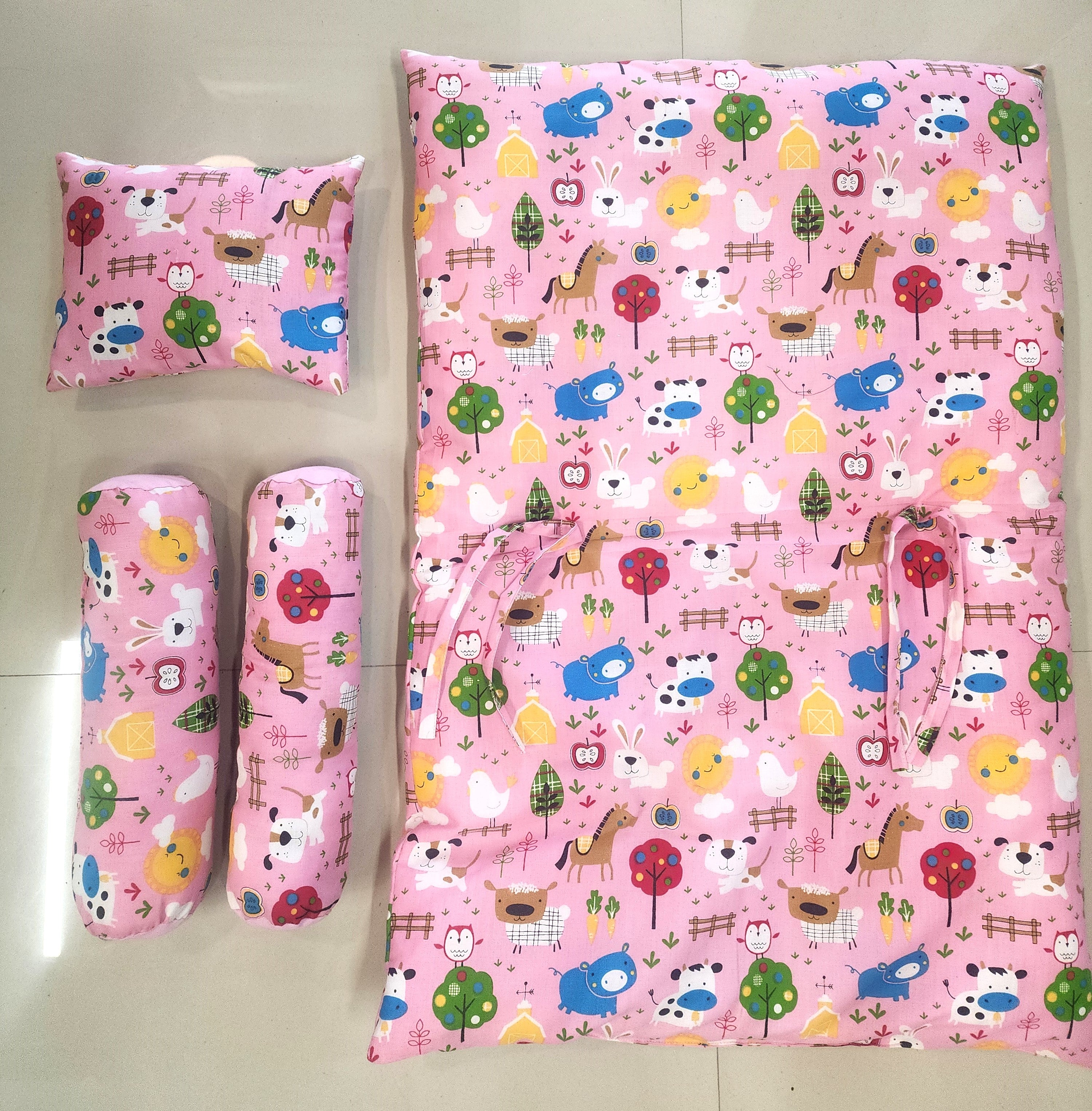Unisex Pink Cotton Printed 4-Piece Baby Bedding Set