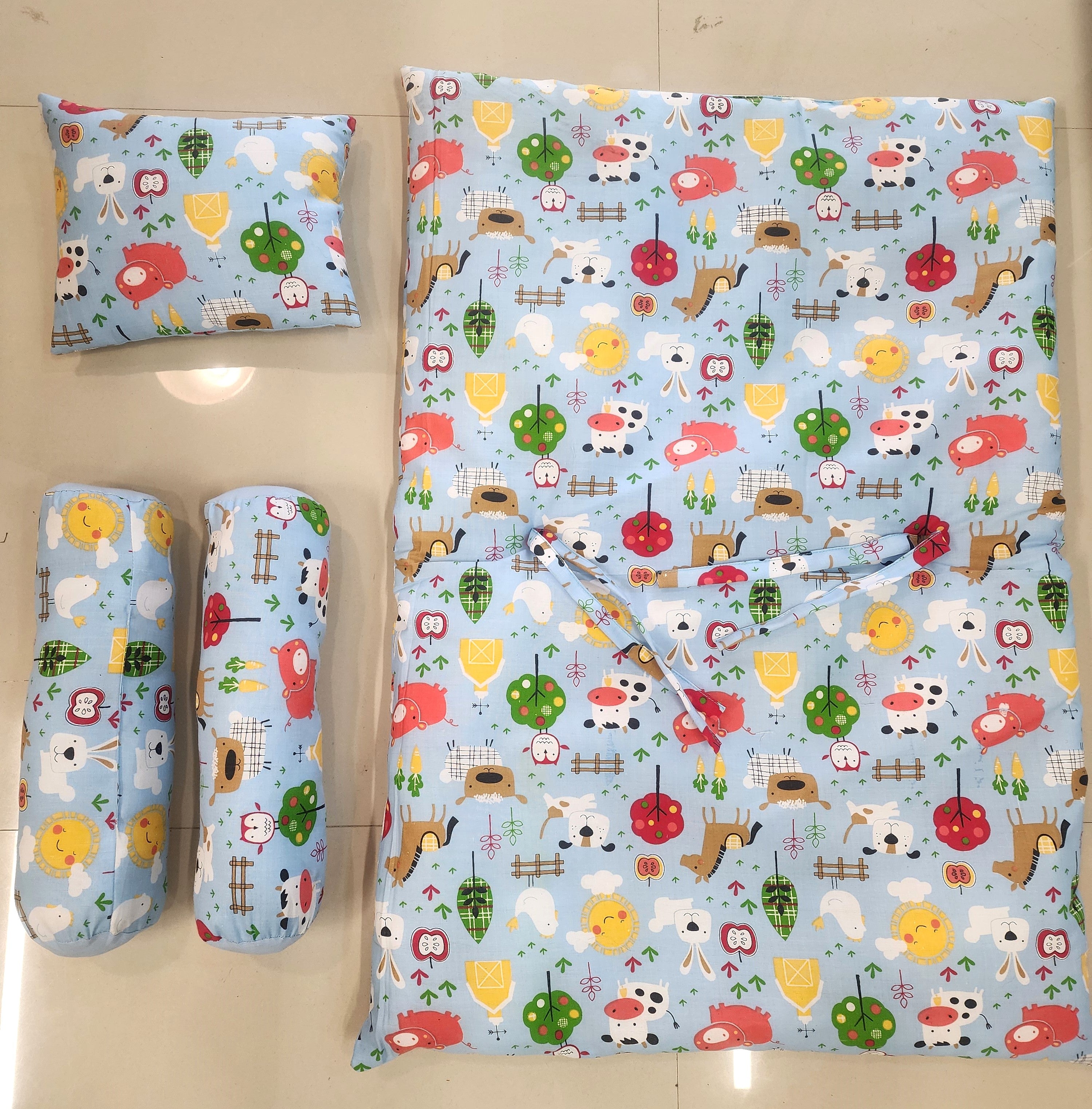 Unisex Blue Cotton Printed 4-Piece Baby Bedding Set