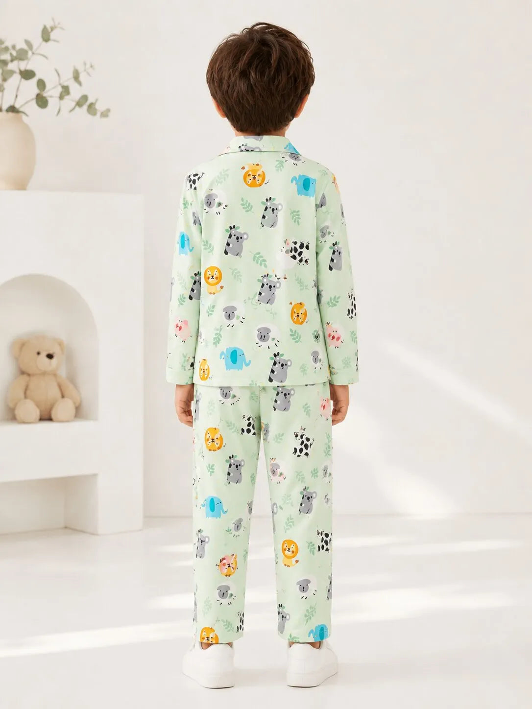 Kids Mint Green Animal Print Satin Night suit Set