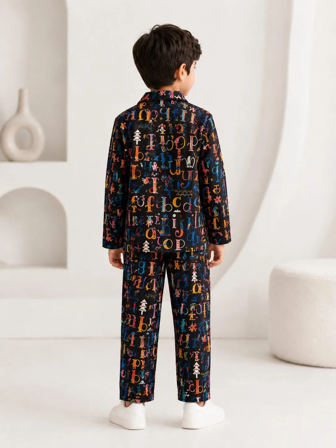 Boys Black Alphabet Print Nightsuit - Full Sleeves Shirt & Pyjamas Set