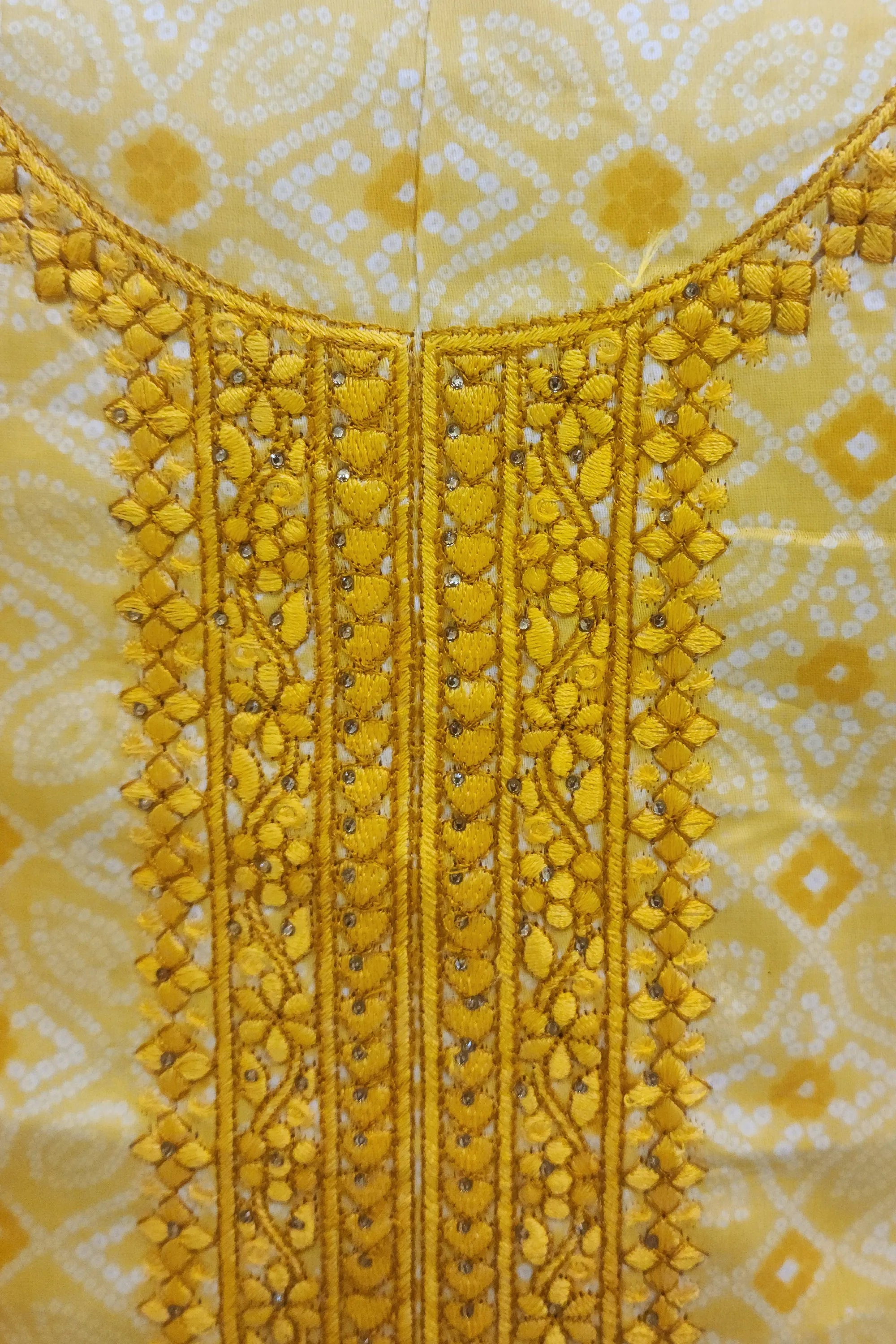 Yellow & White Bandhani Printed Pure Cotton Unstitched Dress Material with Embroidered Neckline