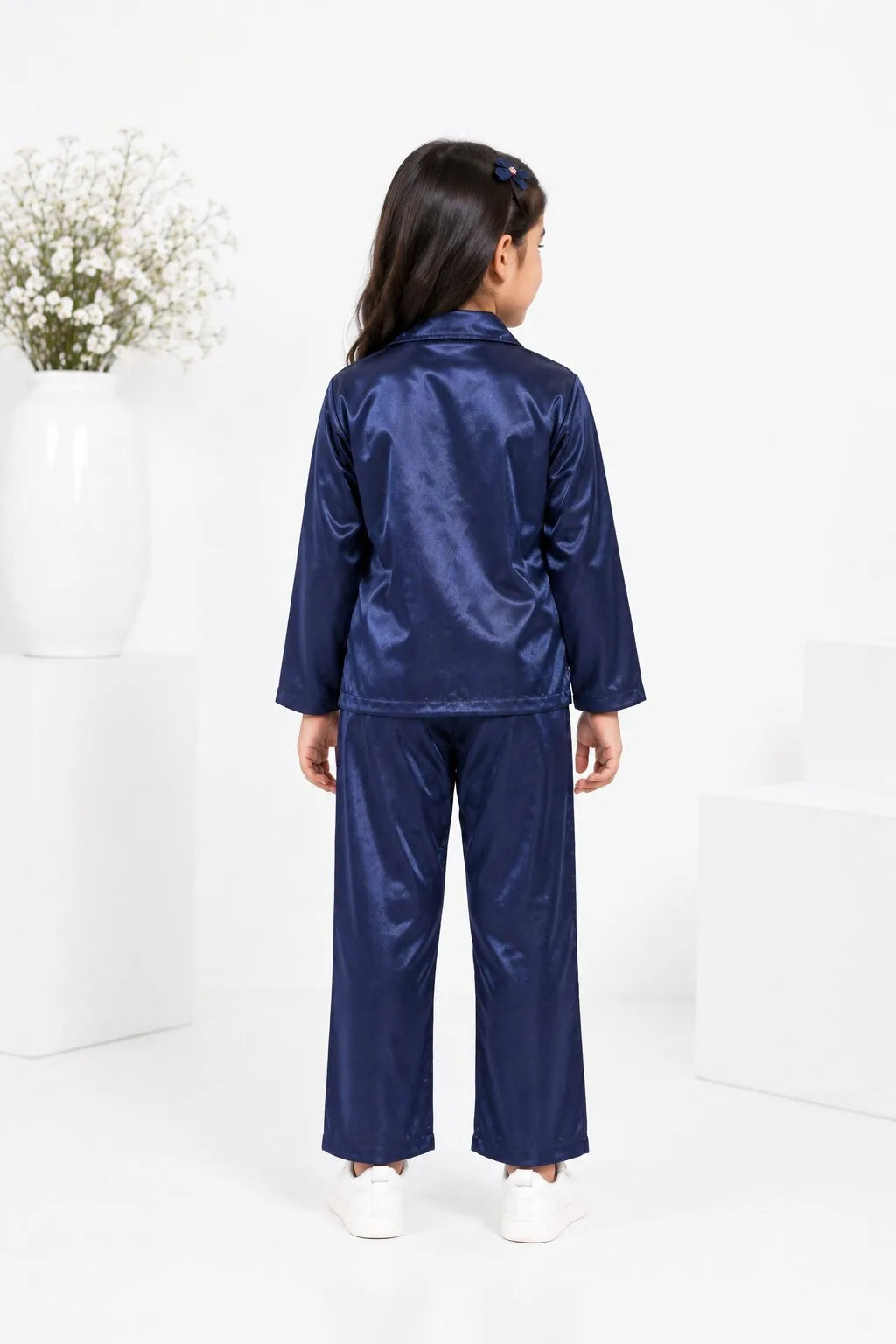 Girls Navy Blue Luxury Satin Night Suit Set – Smooth Full-Sleeve Shirt & Relaxed Pyjamas