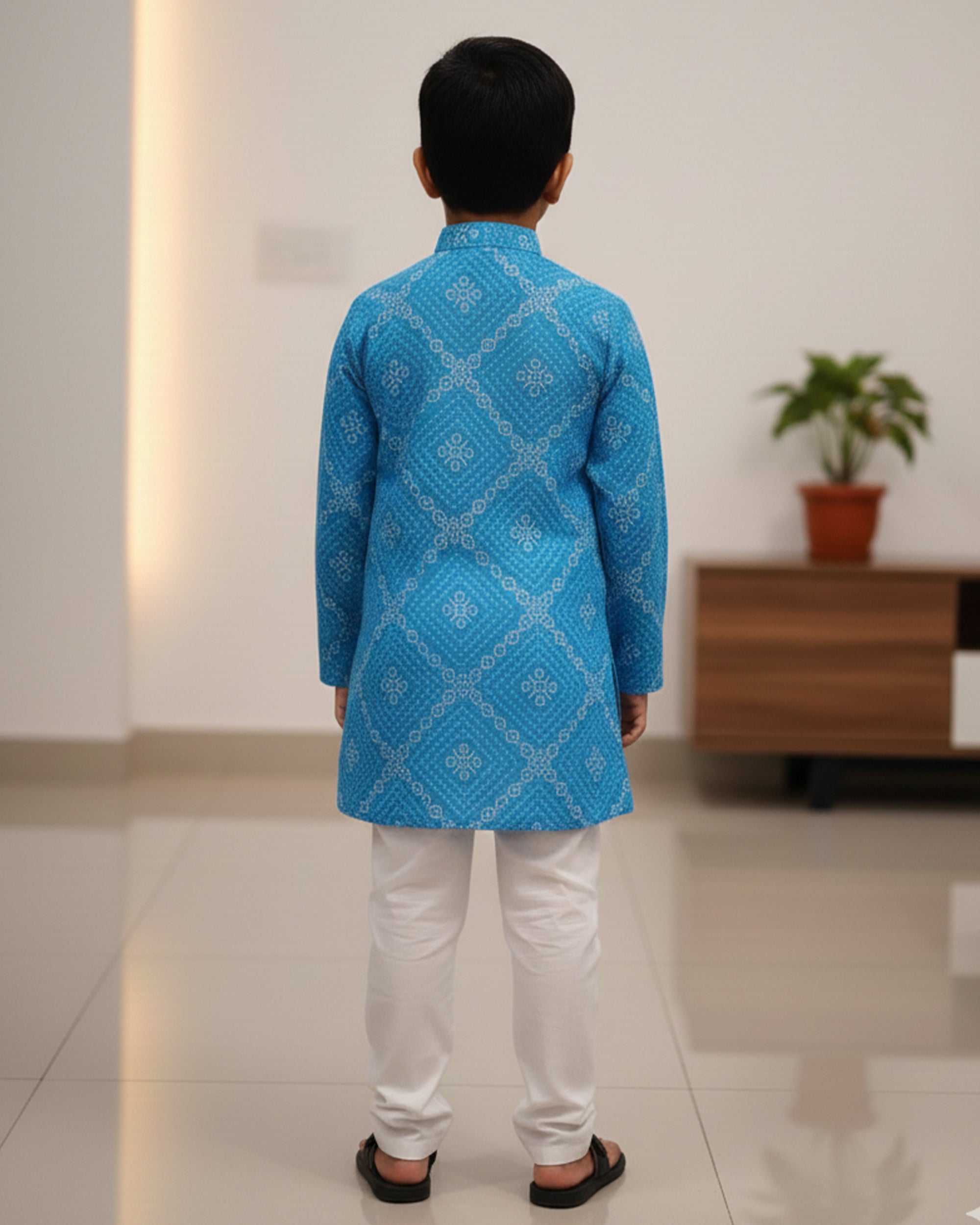 Boys Blue & White Bandhani Printed Kurta with Dhoti Pants