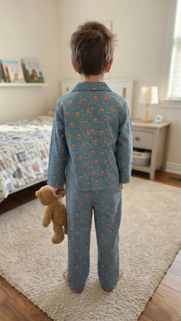 Teal Blue & Grey Hedgehog Print Pure Cotton Night Suit