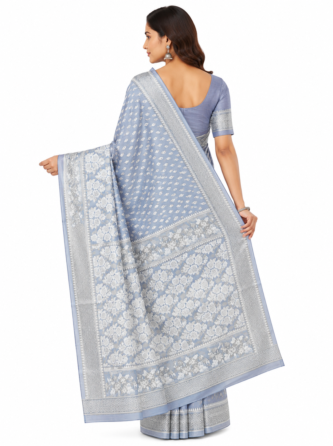 Grey & Off-White Floral Woven Design Organza Banarasi Saree with Unstitched Blouse