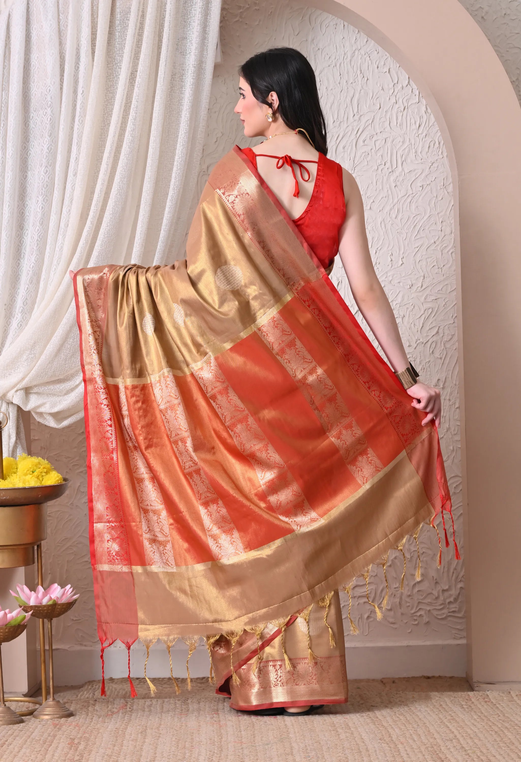 Silk Blend Saree in Metallic Gold & Crimson Red