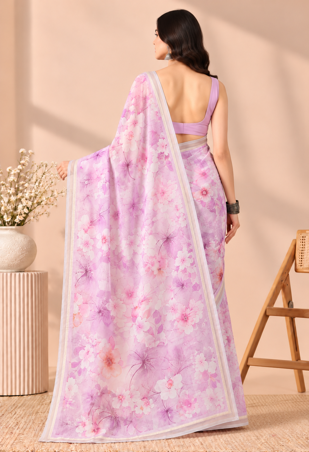 Elegant Pink Floral Printed Chiffon Saree with Matching Border