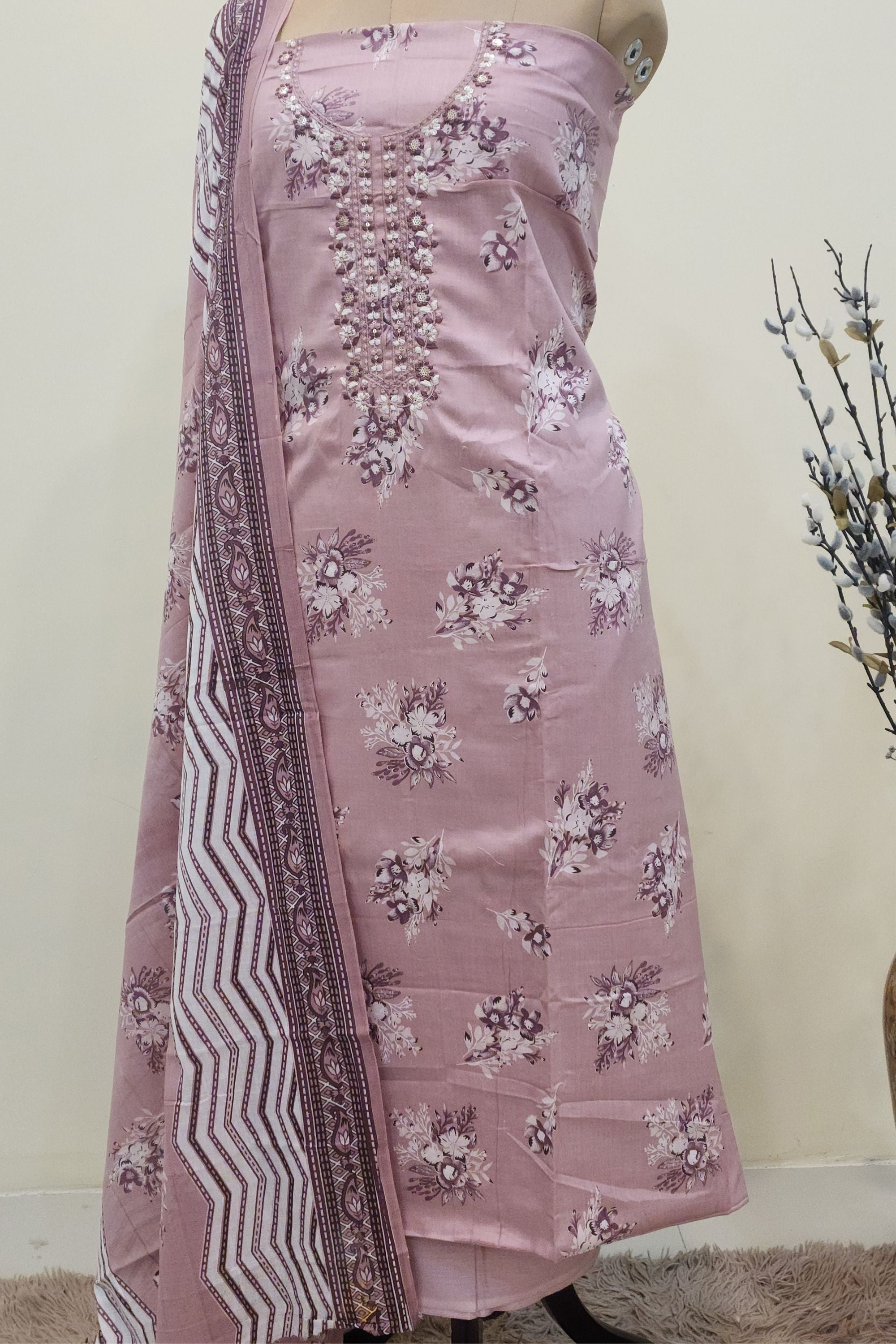 Women's Dusty Rose Floral Printed Cotton Unstitched Suit