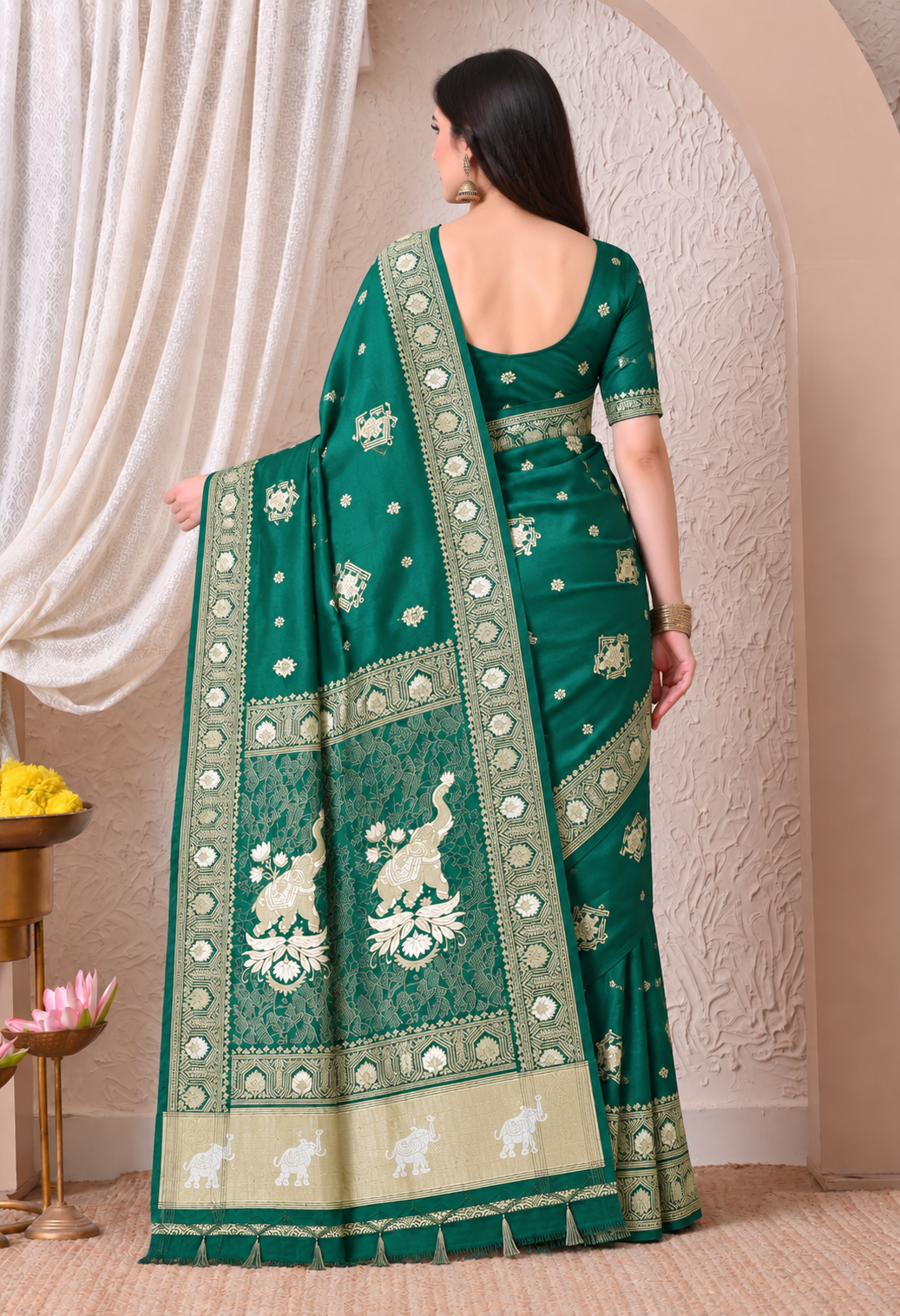 Elegant Bottle Green Silk Blend Saree with Traditional Floral Zari Work