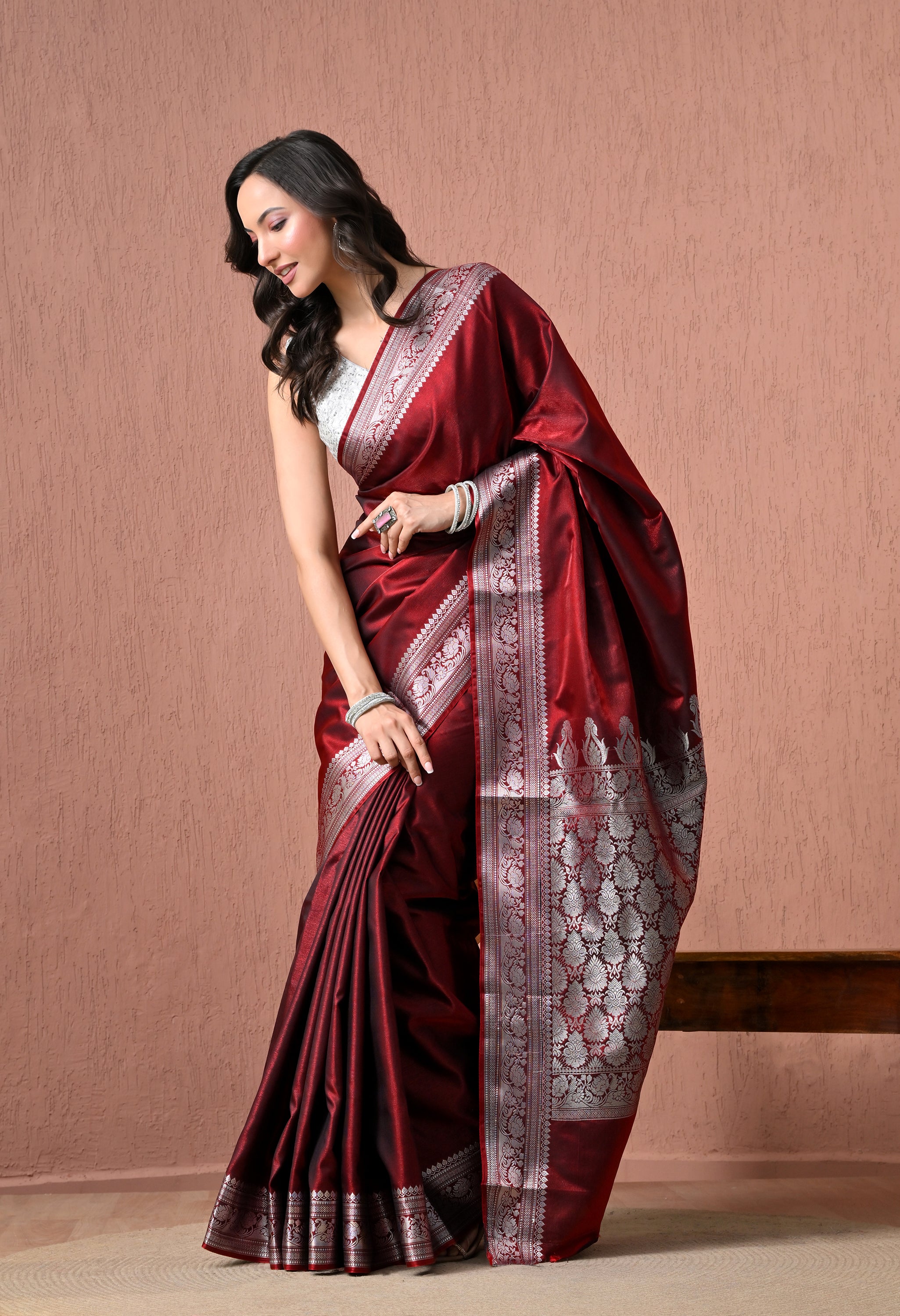 Maroon Pure Silk Banarasi Saree with Ornate Silver Zari Border