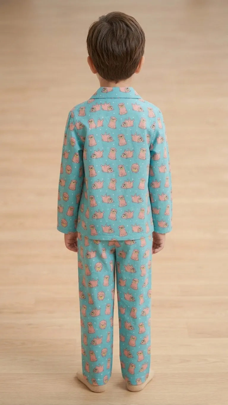 Boys Light Blue & Pink Pug Printed Pure Cotton Night Suit