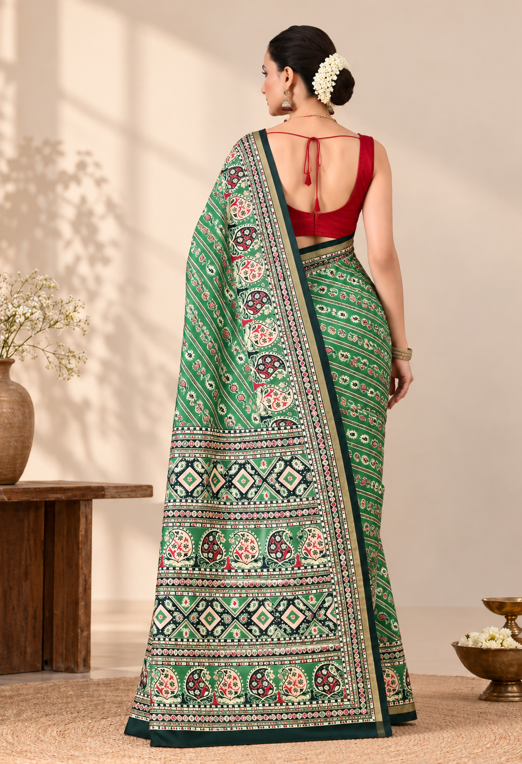 Elegant Green Printed Saree with Intricate Traditional Border & Pallu