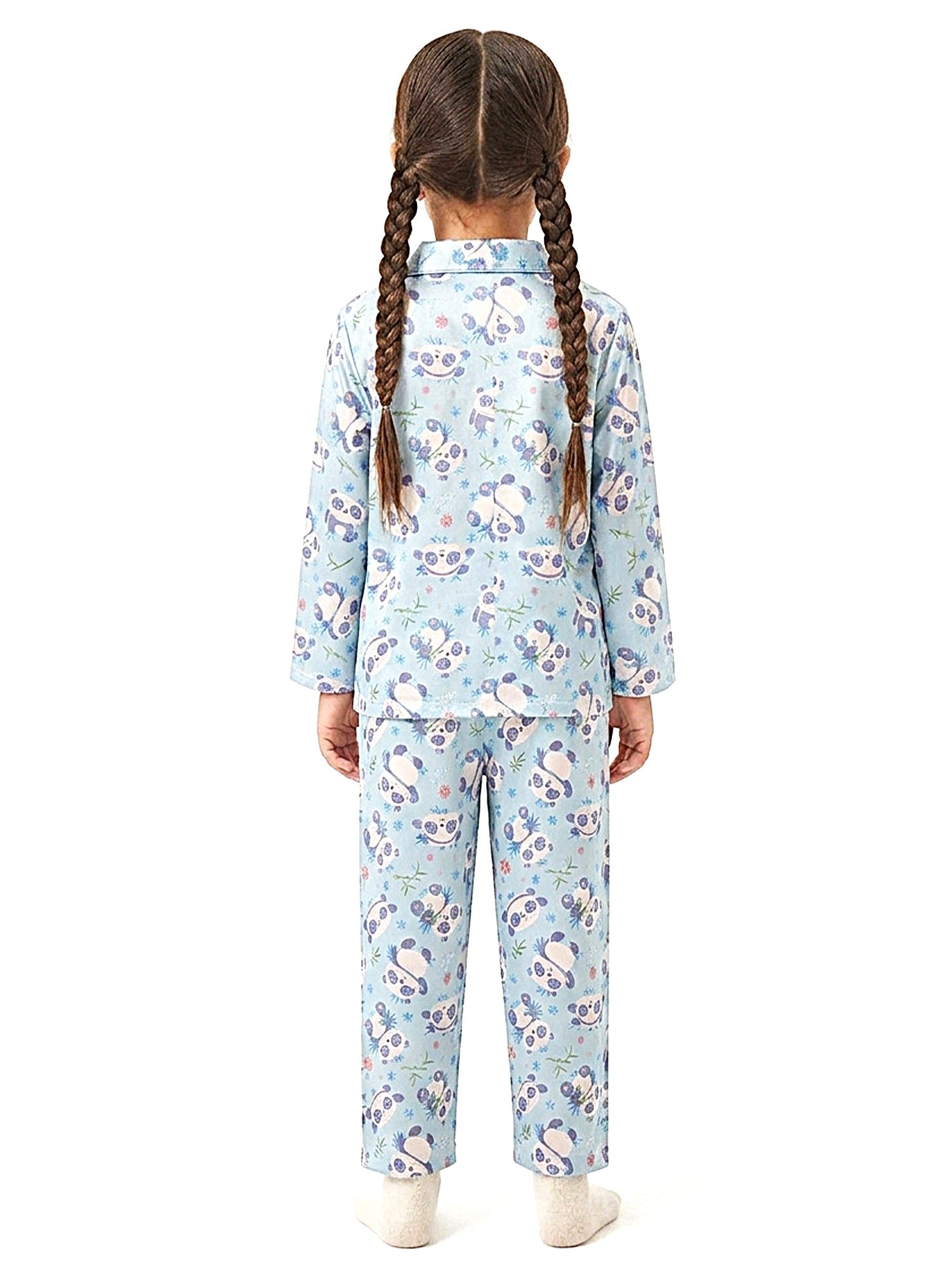 Girls Sky Blue & Purple Panda Printed Satin Nightsuit Set