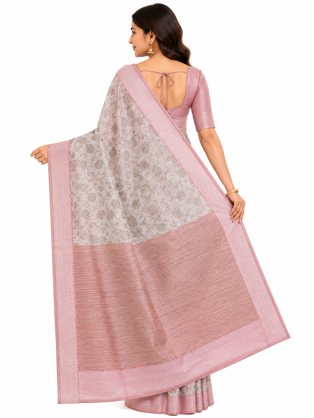 Off-White & Dusty Rose Floral Printed Art Silk Saree with Zari Border