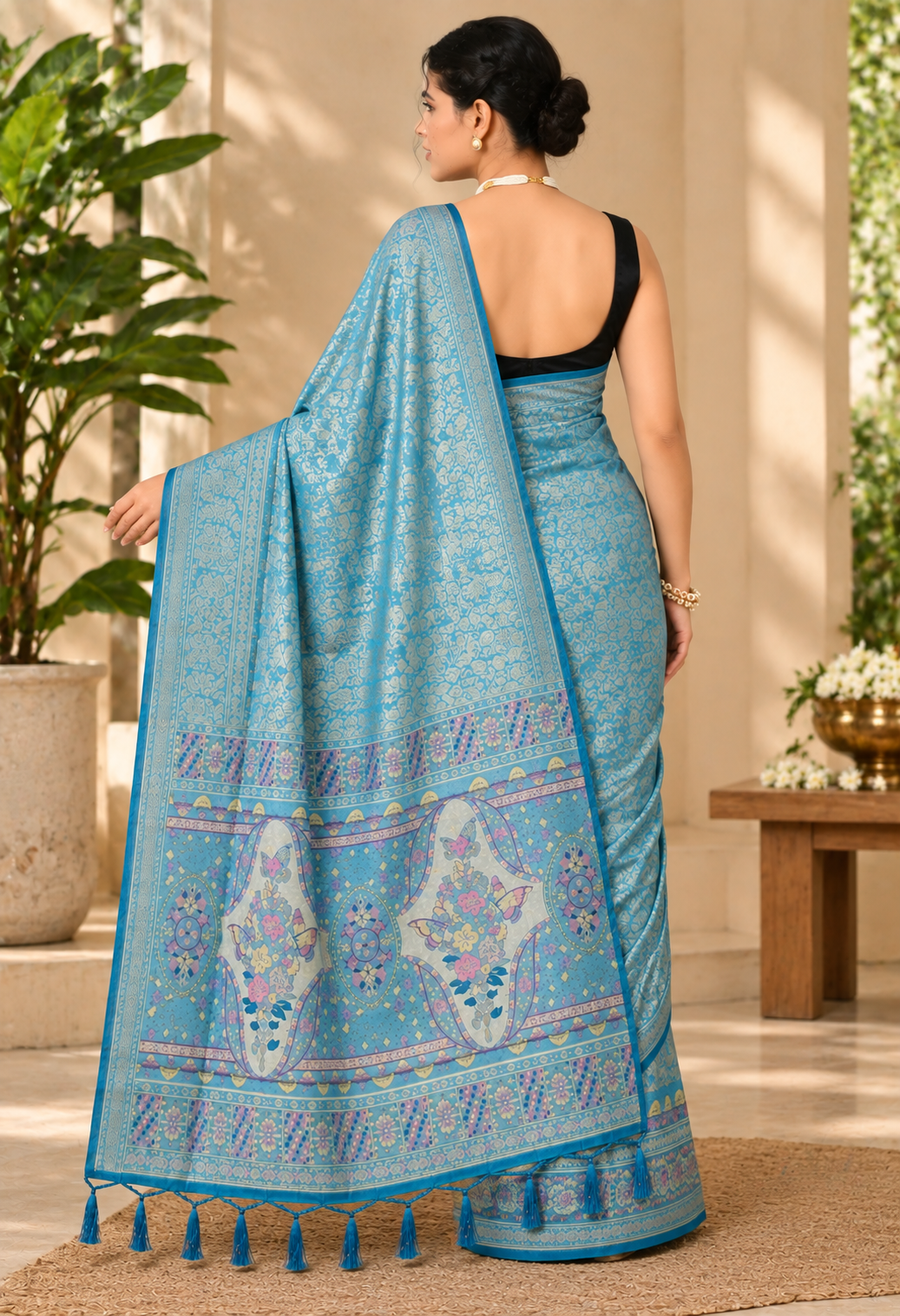 Elegant Blue Printed Saree with Floral Pallu & Tassel Detailing