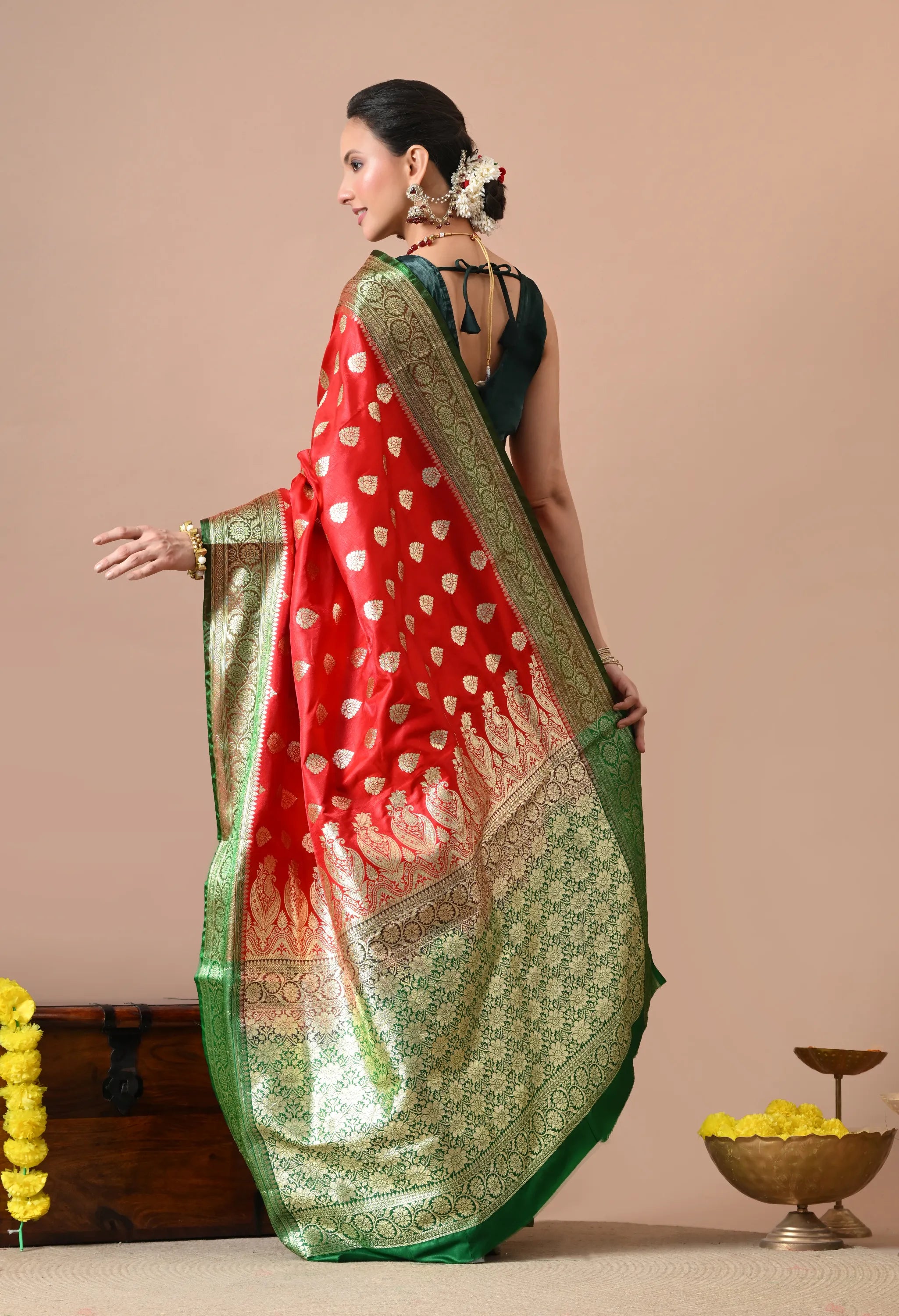 Red & Green Woven Design Banarasi Silk-Blend Saree with Zari Border