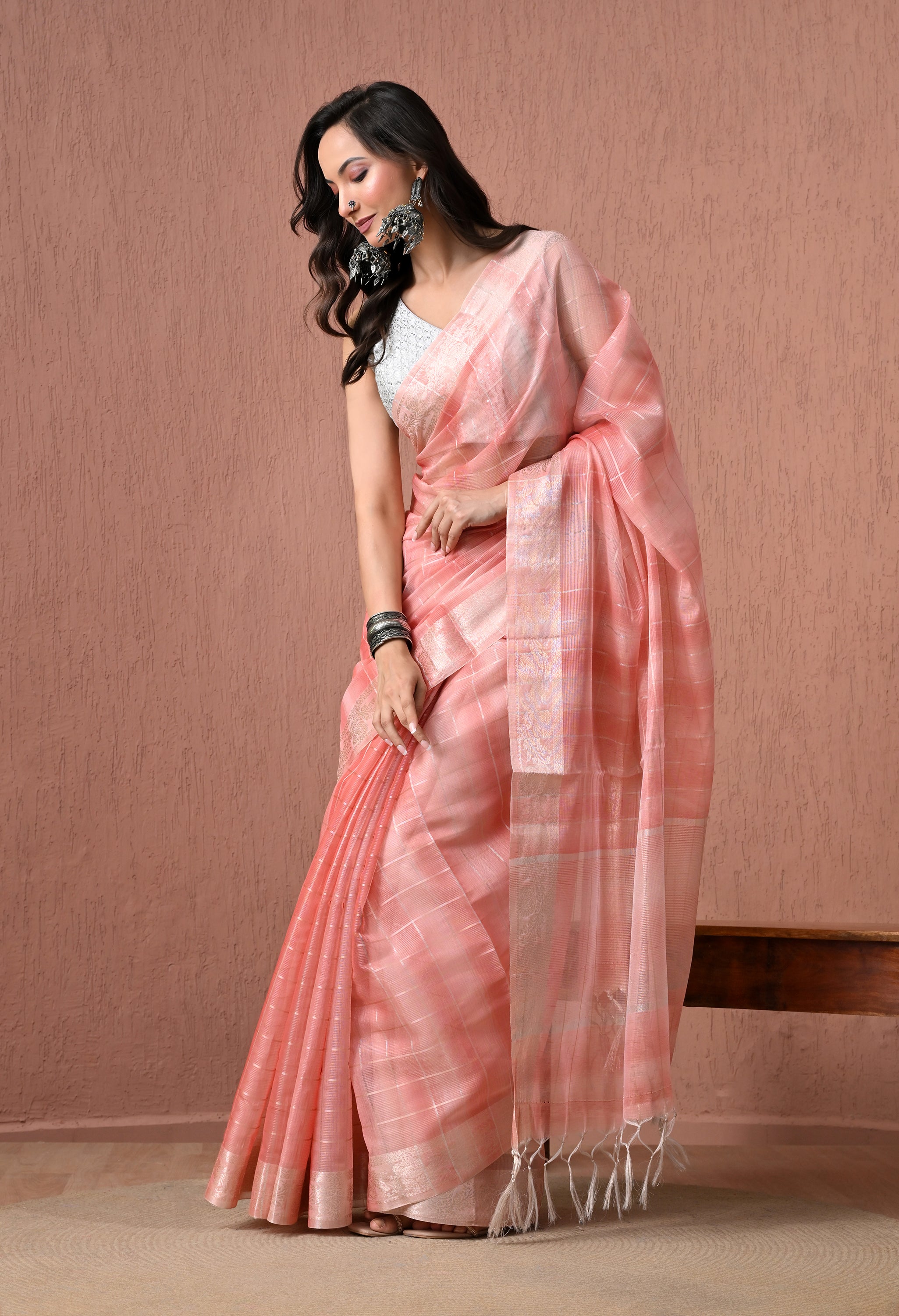 Elegant Peach Pure Cotton Saree with Zari Border and Checks