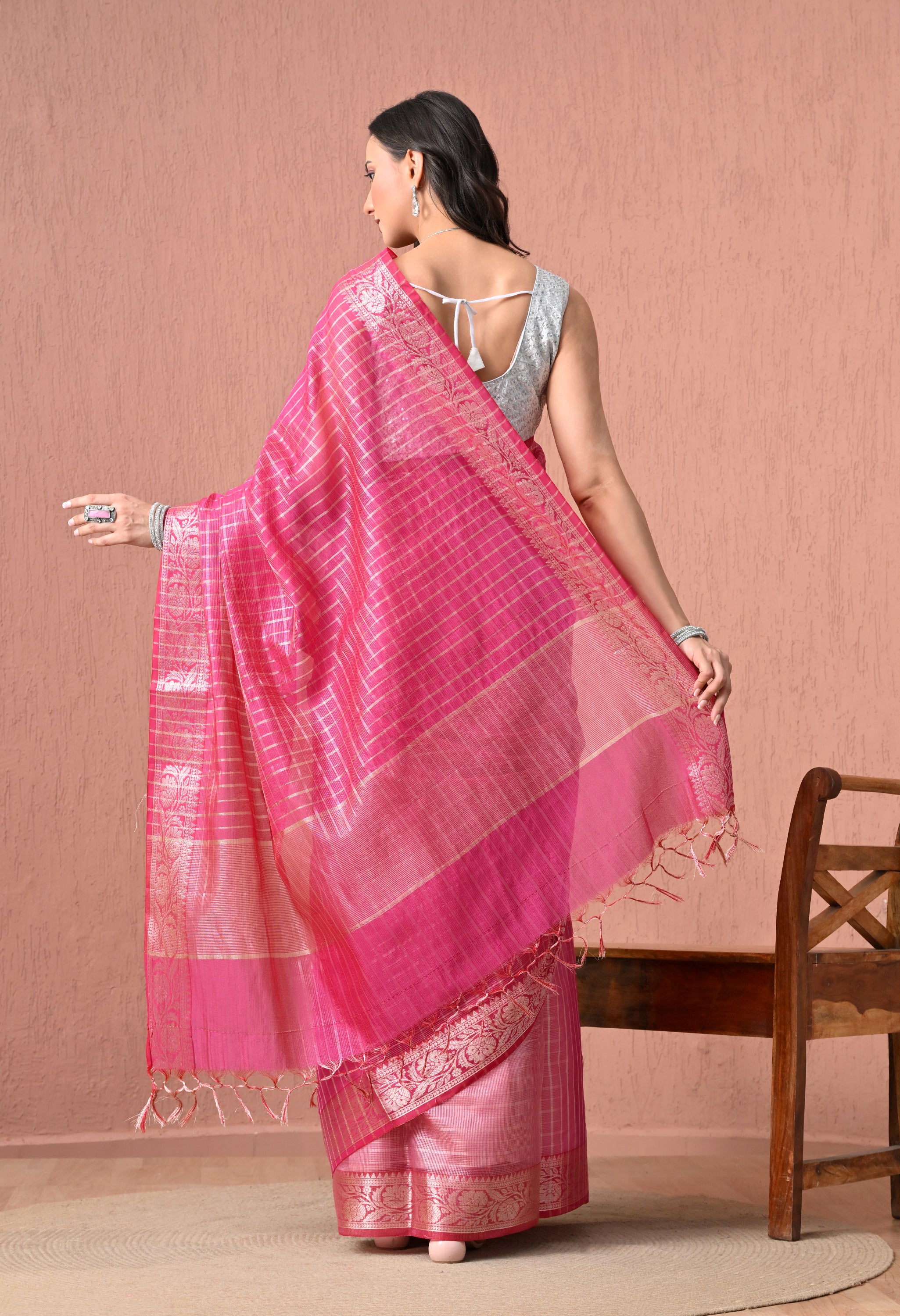 Rani Pink Cotton Saree with Silver Zari Checks and Traditional Border