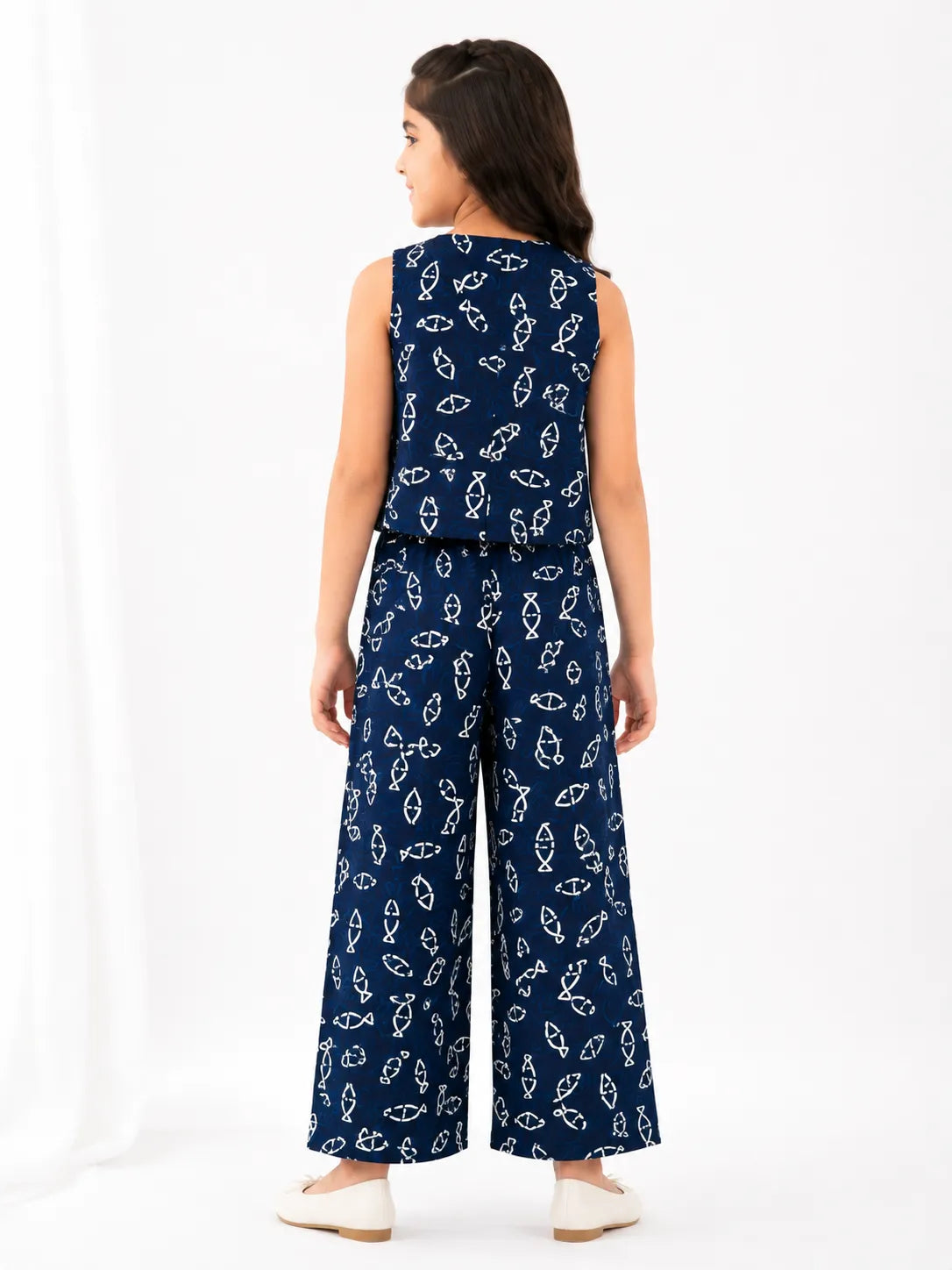 Girls Navy Blue Fish-Print Vest Top & Wide-Leg Co-Ord Set