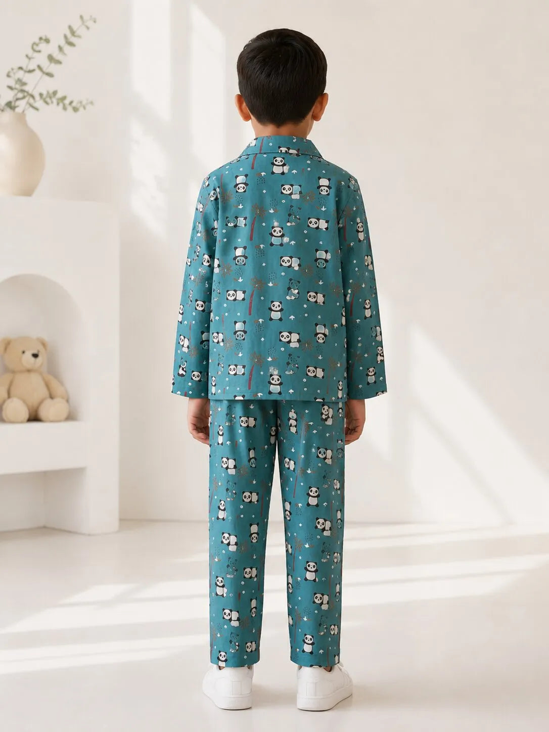 Kids Boys Blue Panda Printed Satin Night Suit