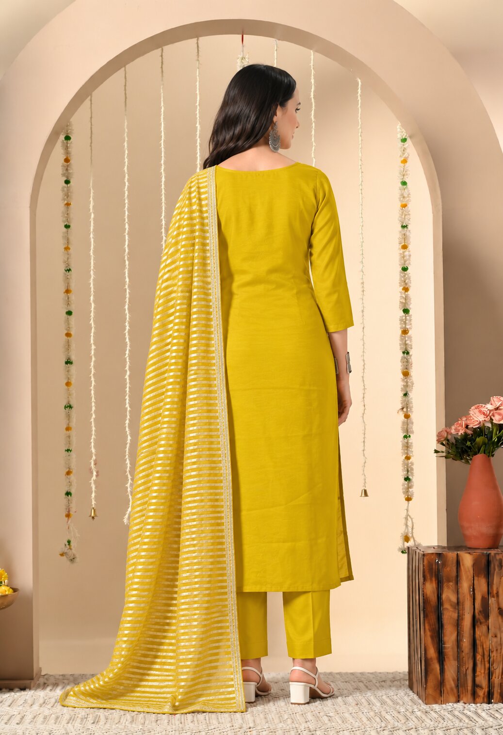 Mustard Yellow Chanderi Silk Suit Set with Floral Embroidery and Striped Dupatta