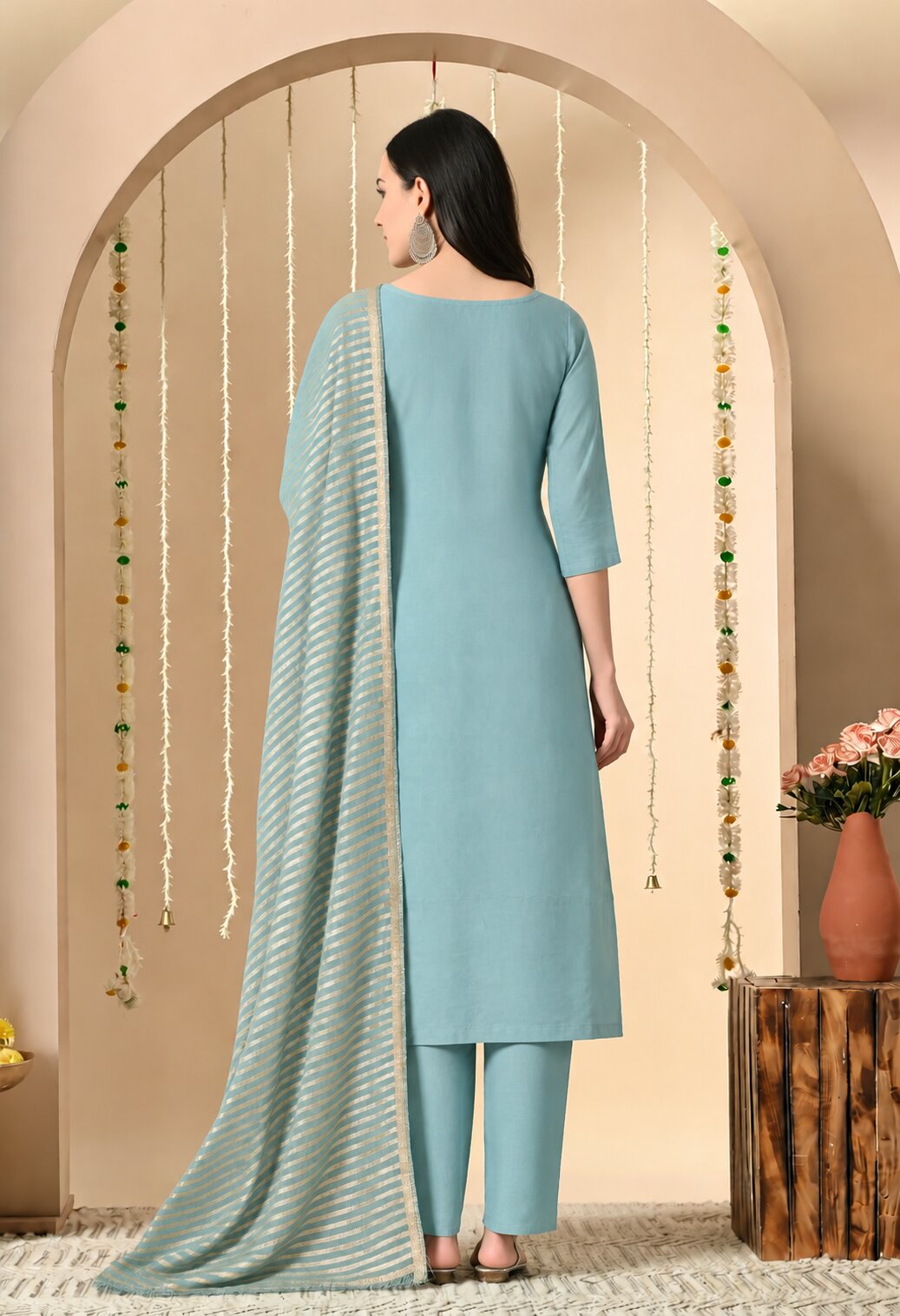 Aqua Blue Chanderi Silk Embroidered Suit Set with Organza Dupatta