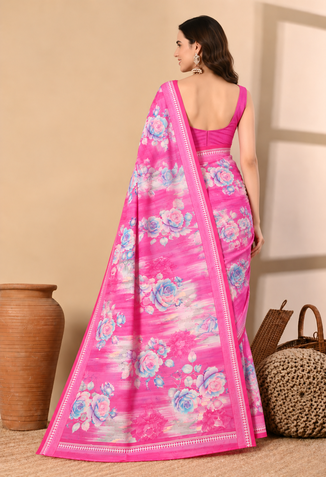 Pink Floral Printed Silk Blend Saree