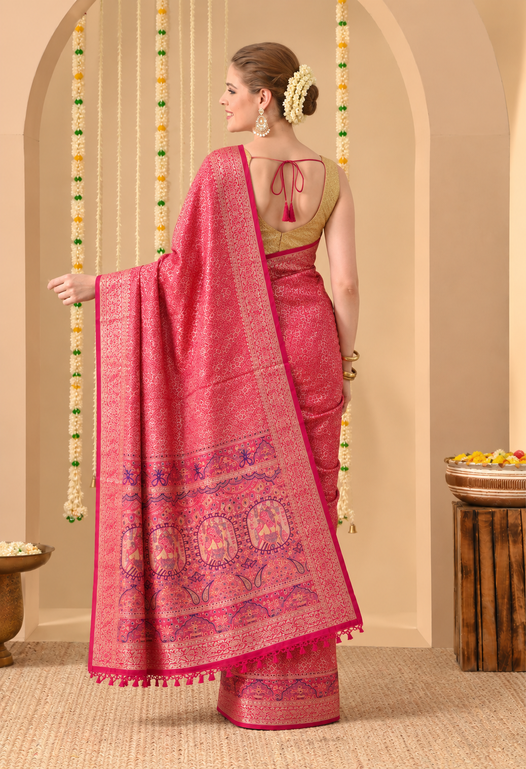 Wine Red Printed Silk Blend Saree