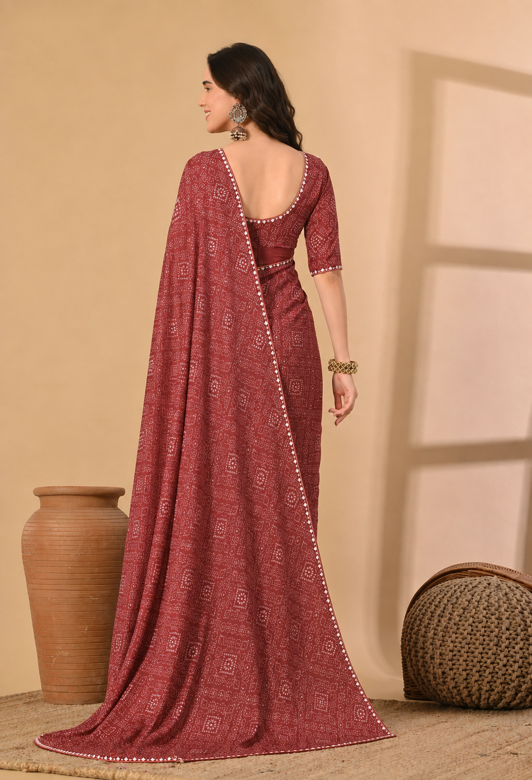 Maroon Georgette Printed Saree with Traditional Motif Border