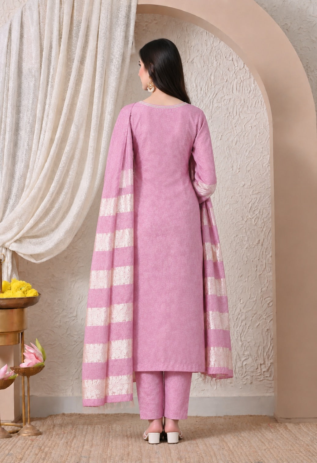 Pink Chanderi Silk Embroidered Suit Set with Matching Chanderi Silk Dupatta for Women