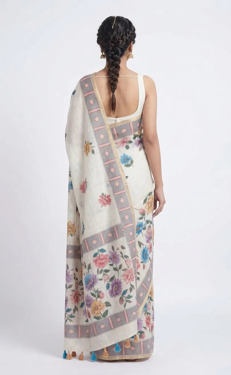 Floral Print Cotton Saree in Off-White and Pastels
