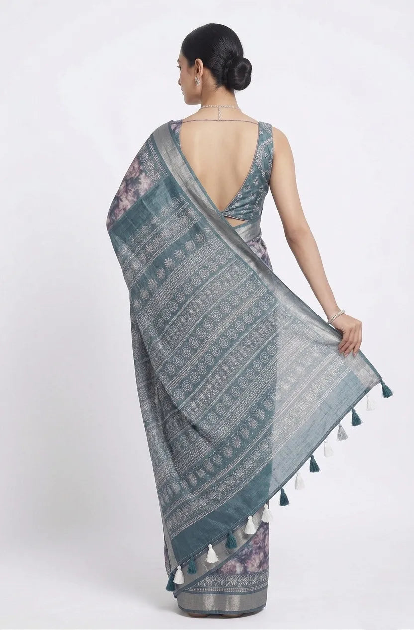 Blue Floral Printed Silk Blend Saree with Zari Border & Tassels