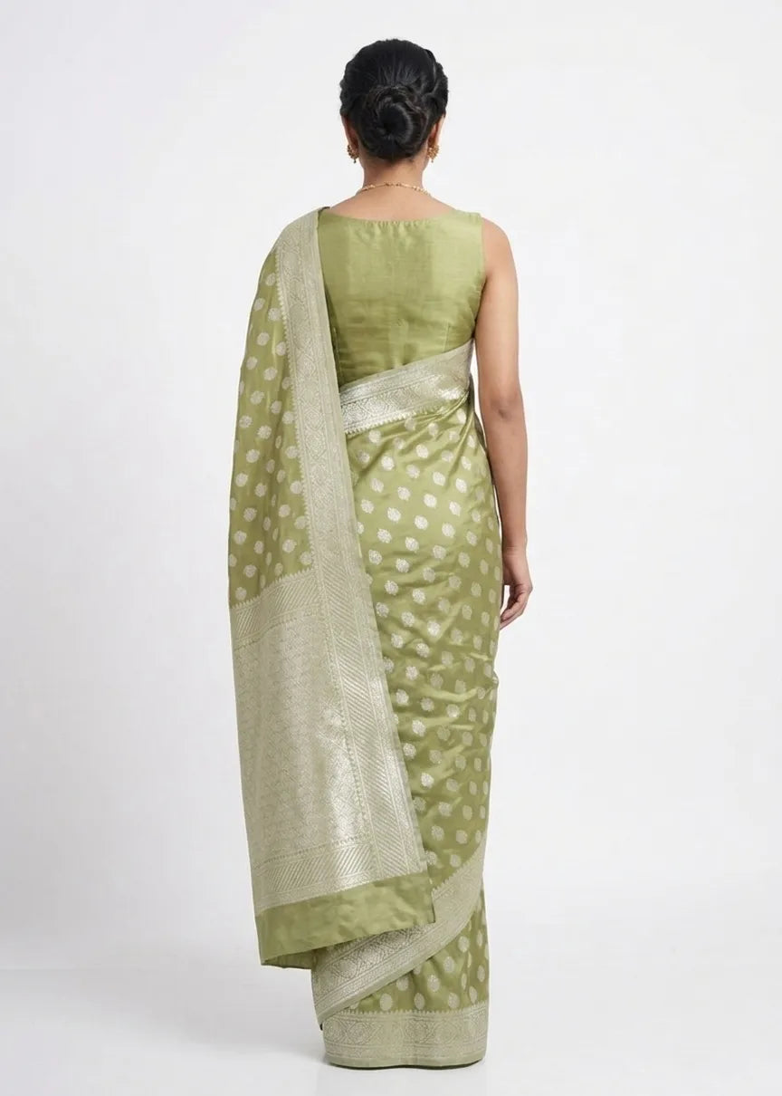 Olive Green & Silver-Toned Polka Dot Woven Design Banarasi Saree with Unstitched Blouse