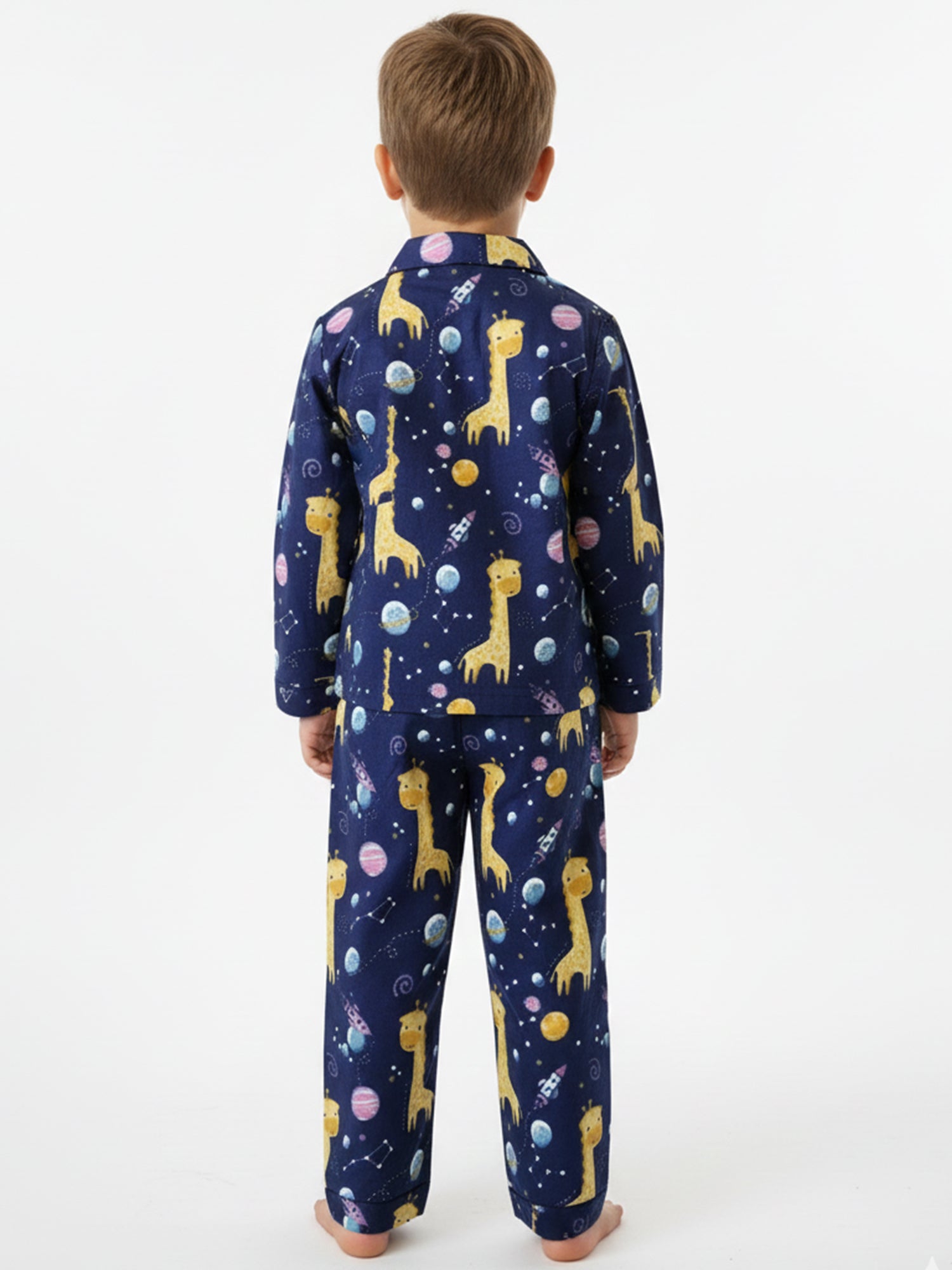 Kids Boys Navy Blue & Yellow Giraffes in Space Printed Night Suit