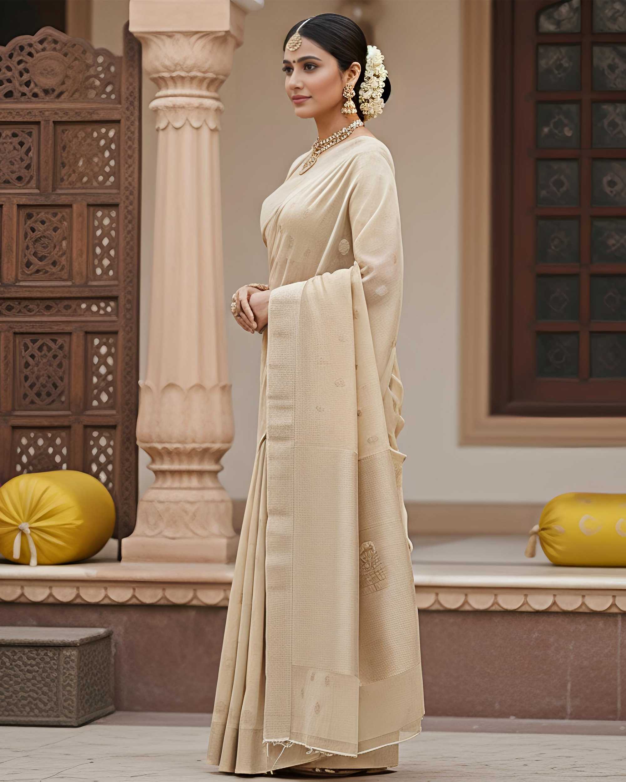 Elegant Beige Banarasi Chanderi Saree with Woven Polka Butta & Rich Border