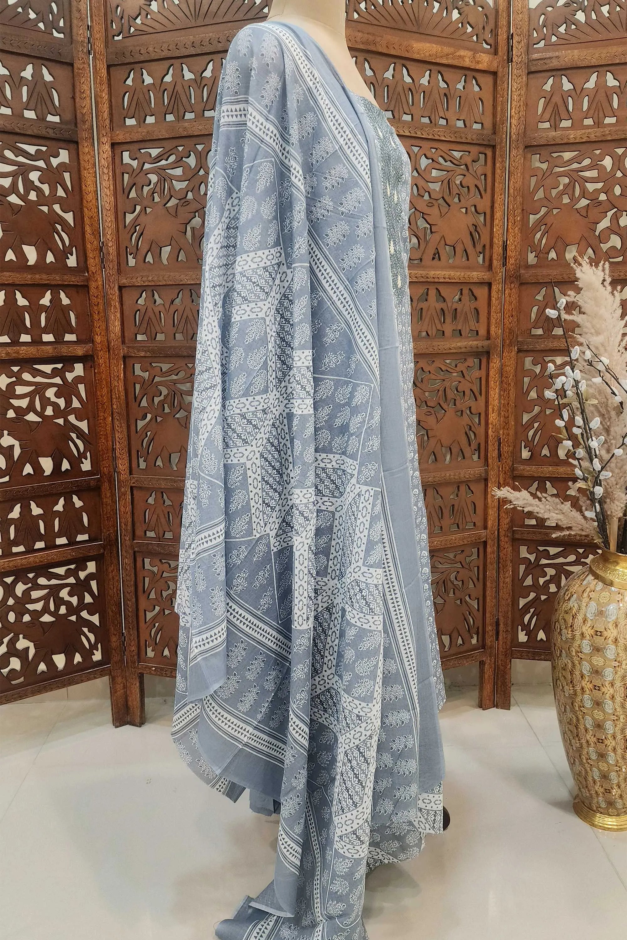 Women Powder Blue & White Floral Printed Unstitched Cotton Dress Material with Embroidered Yoke