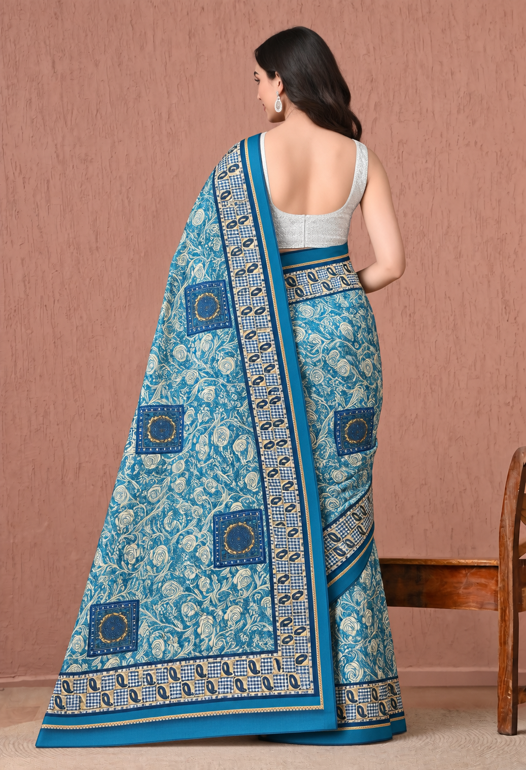 Elegant Teal Blue Chiffon Saree with Traditional Floral Print