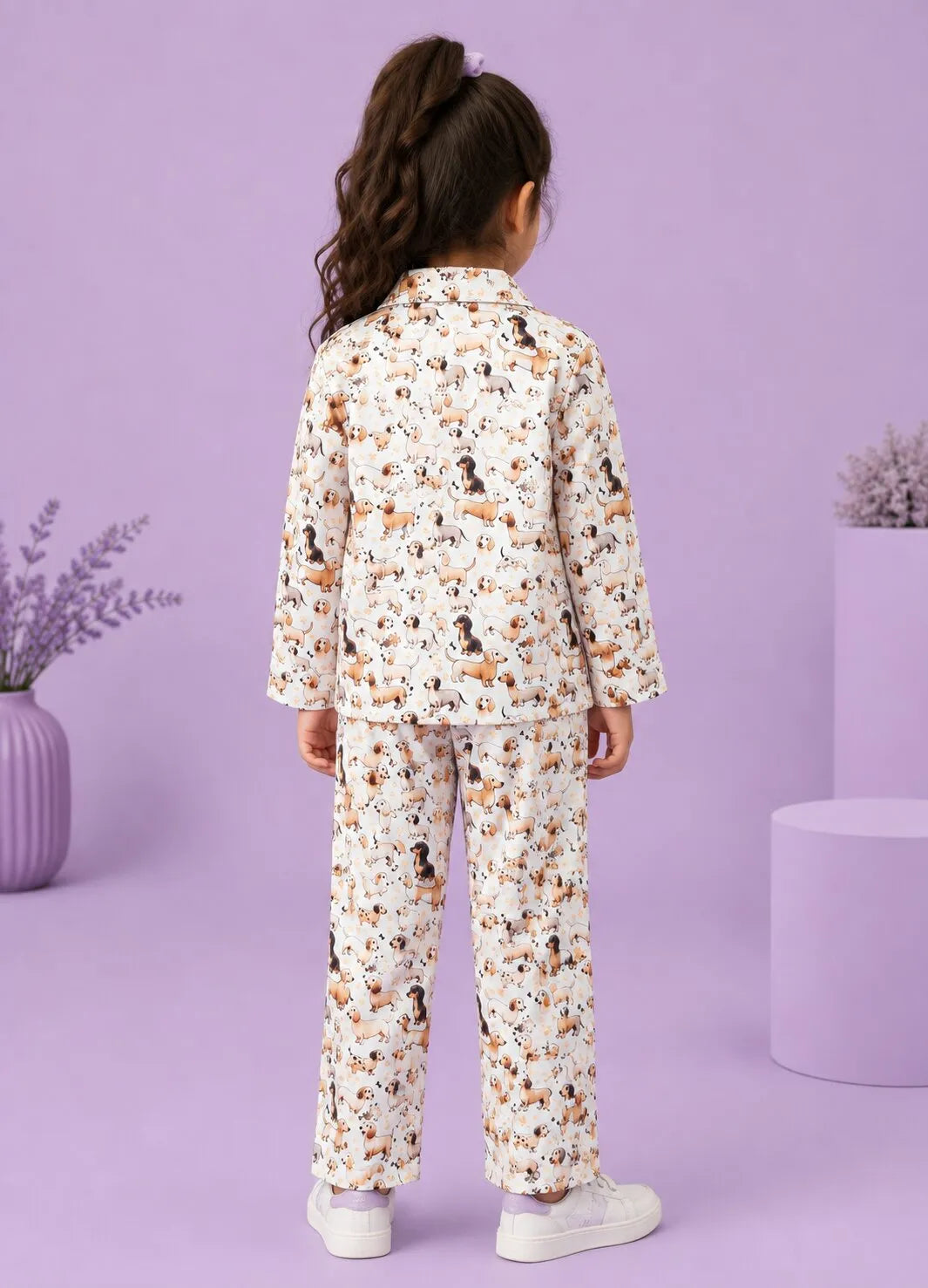 Girls Satin Dog Print Night Suit Set – Cream