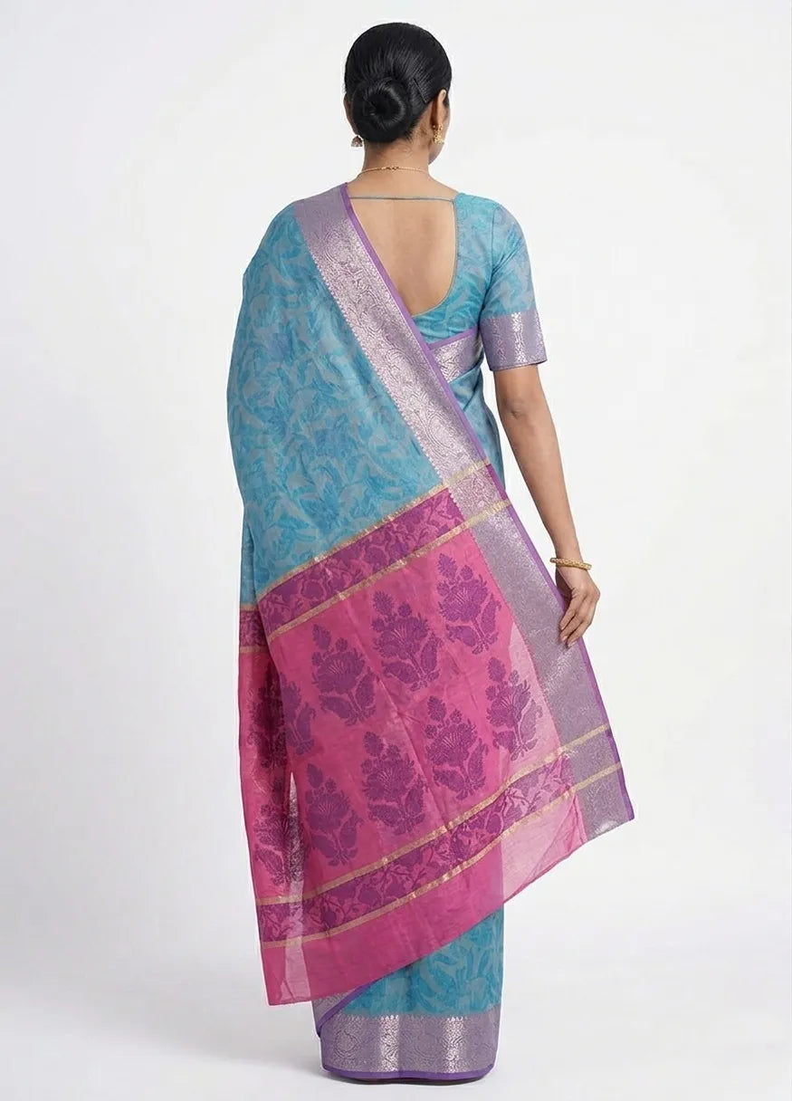 Women Blue & Grey Floral Printed Art Silk Saree with Zari Border