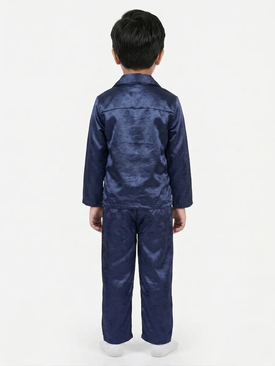 Boys' Navy Blue Luxury Satin Night Suit Set – Smooth Full-Sleeve Shirt & Relaxed Pyjamas