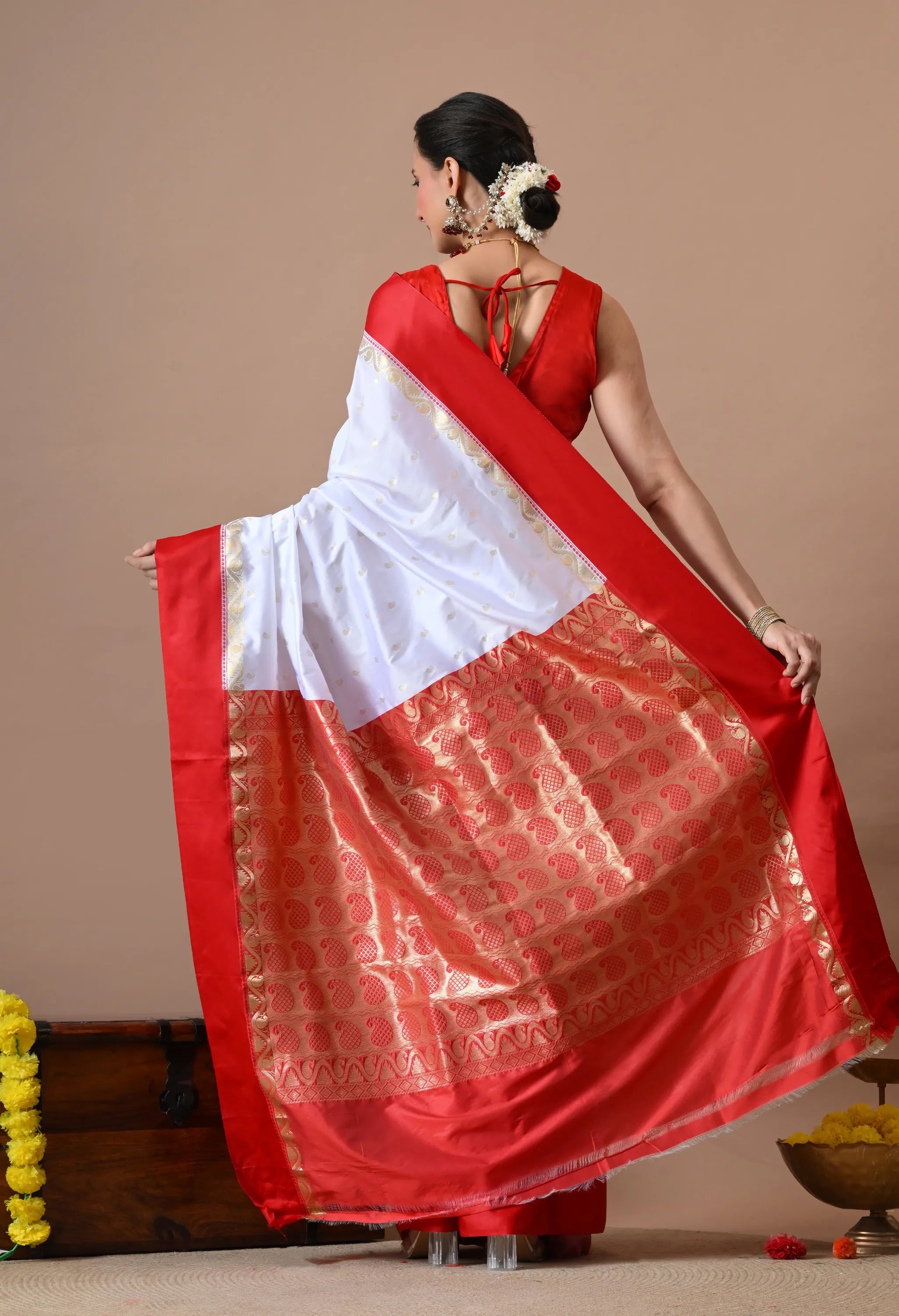 White & Red Woven Design Silk Blend Banarasi Saree