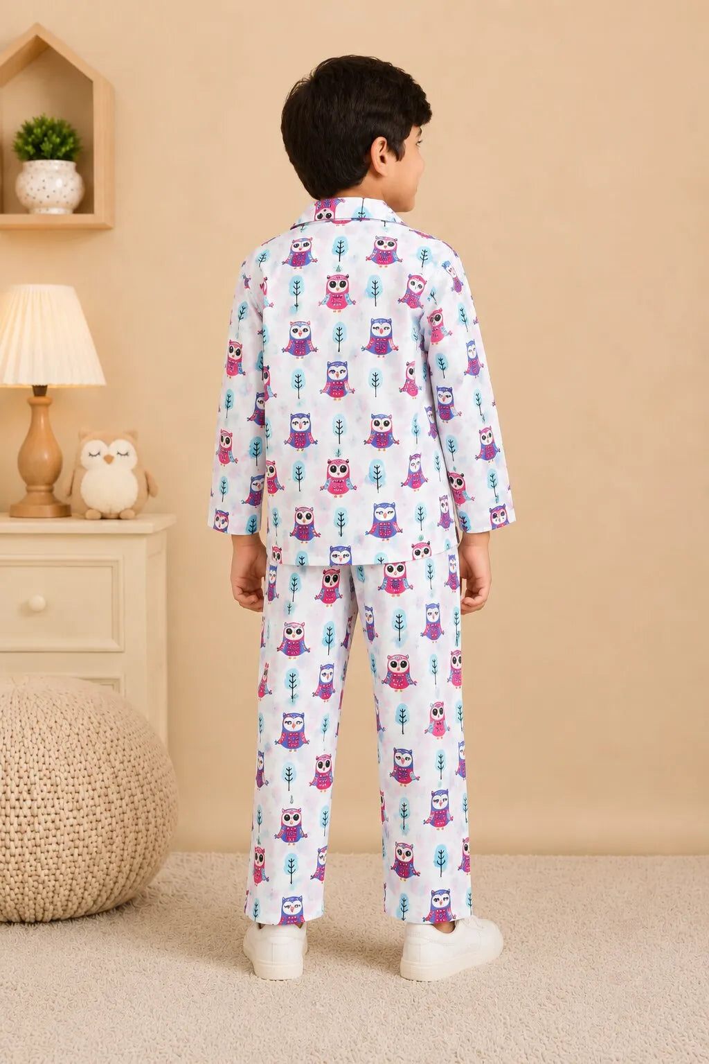 Kids' White & Purple Owl Print Pure Cotton Night Suit