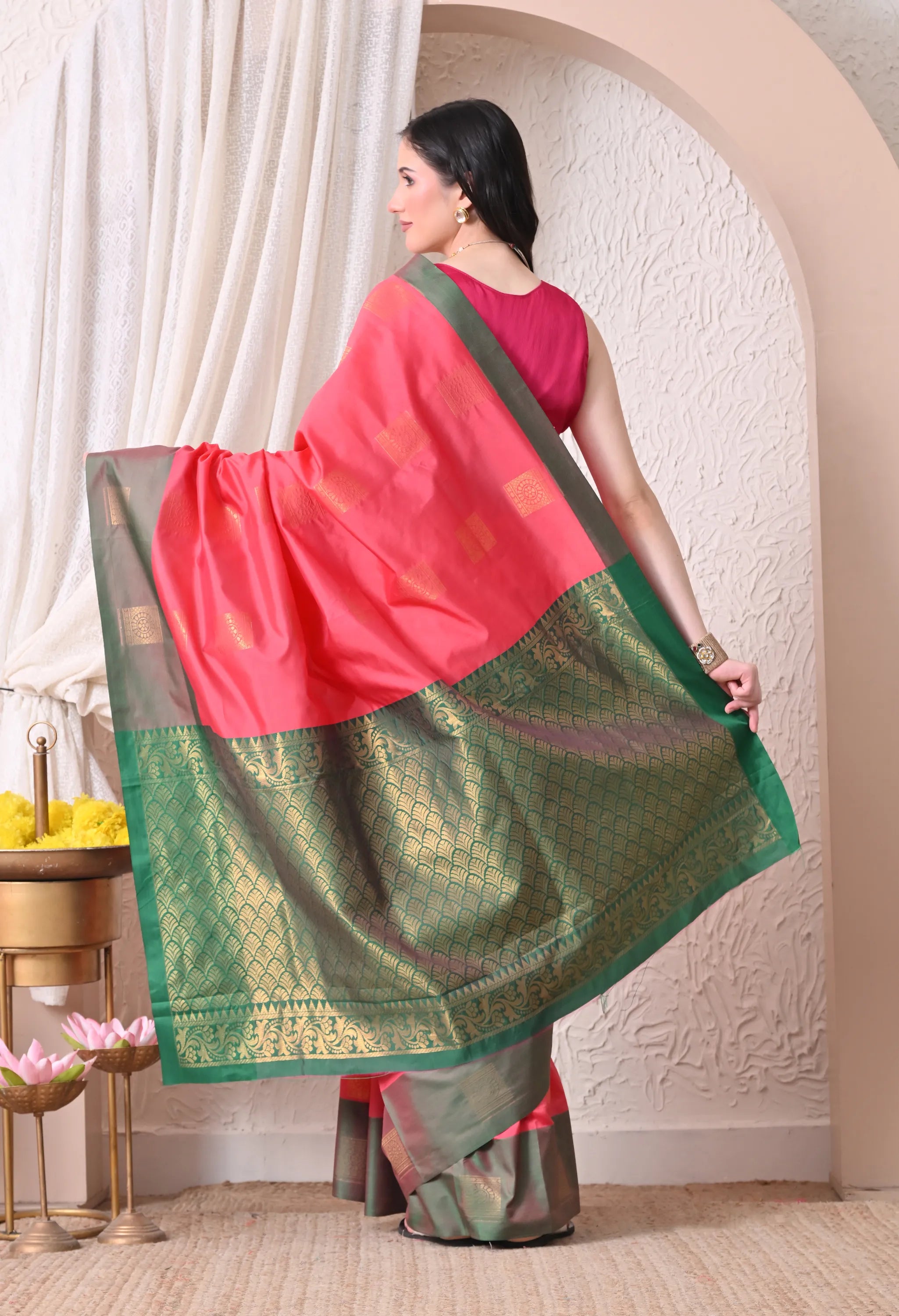 Silk Blend Saree in Coral Pink & Deep Olive