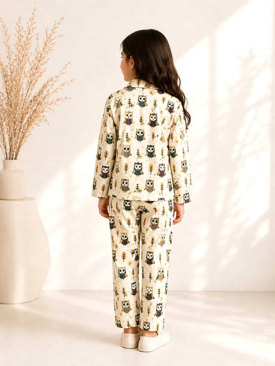 Girls Cream & Brown Owl Print Pure Cotton Night Suit